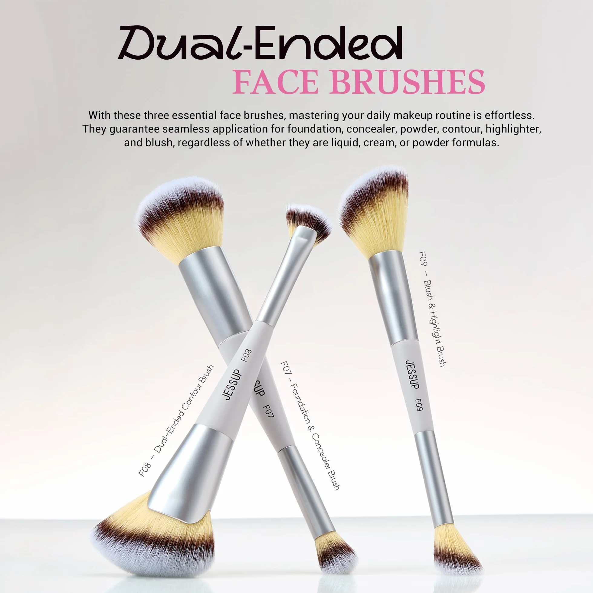 Jessup Set de 7 Pinceaux Maquillage Double Embout Fond de Teint Contour Rougir Illuminateur Sourcils Fard à Paupières T520