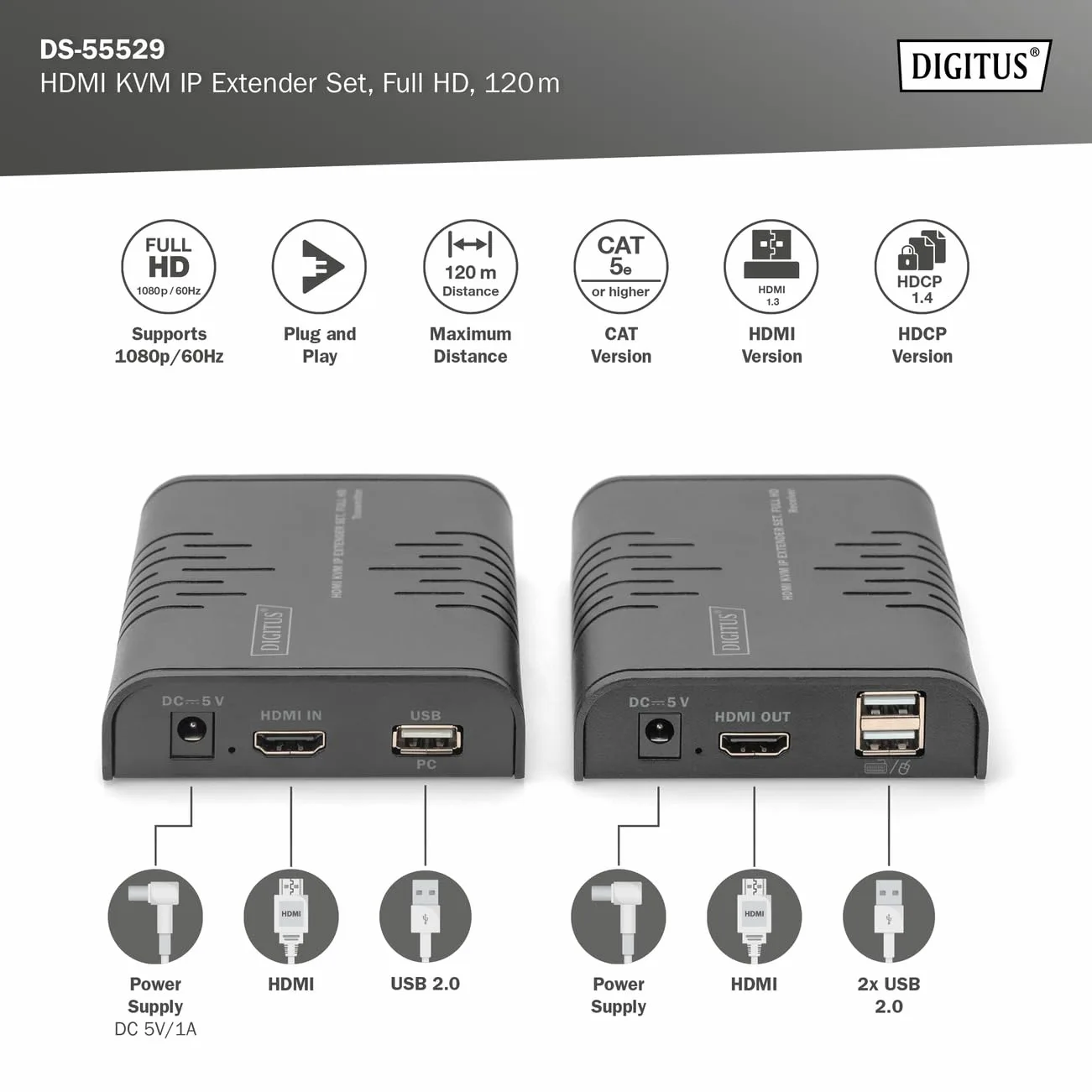 DIGITUS DS-55529 Extender/Splitter KVM HDMI - Full HD 1080p 60 Hz - 120 m Via câble LAN/Illimité Via Ethernet (Compatible IP) - Kit : émetteur & récepteur - HDMI 1.3 & HDCP 1.4
