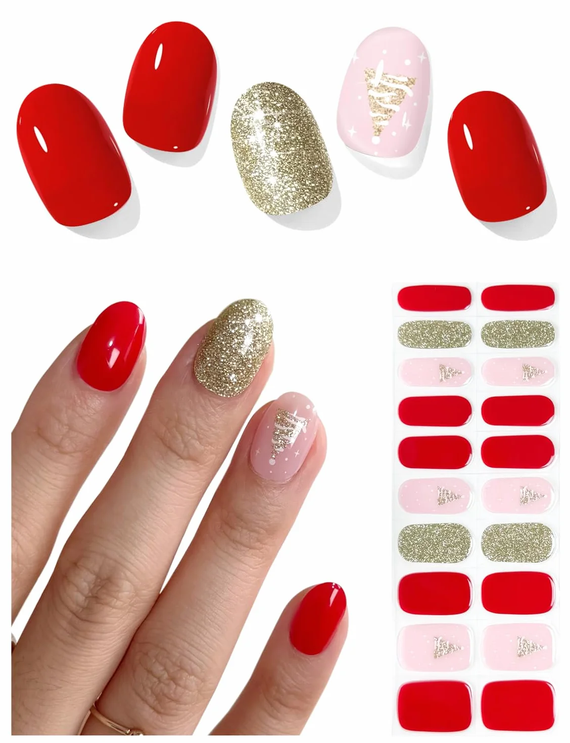 AutyaMee Lot de 20 bandelettes de gel semi-durcies sapin de Noël autocollants UV rouge douillet