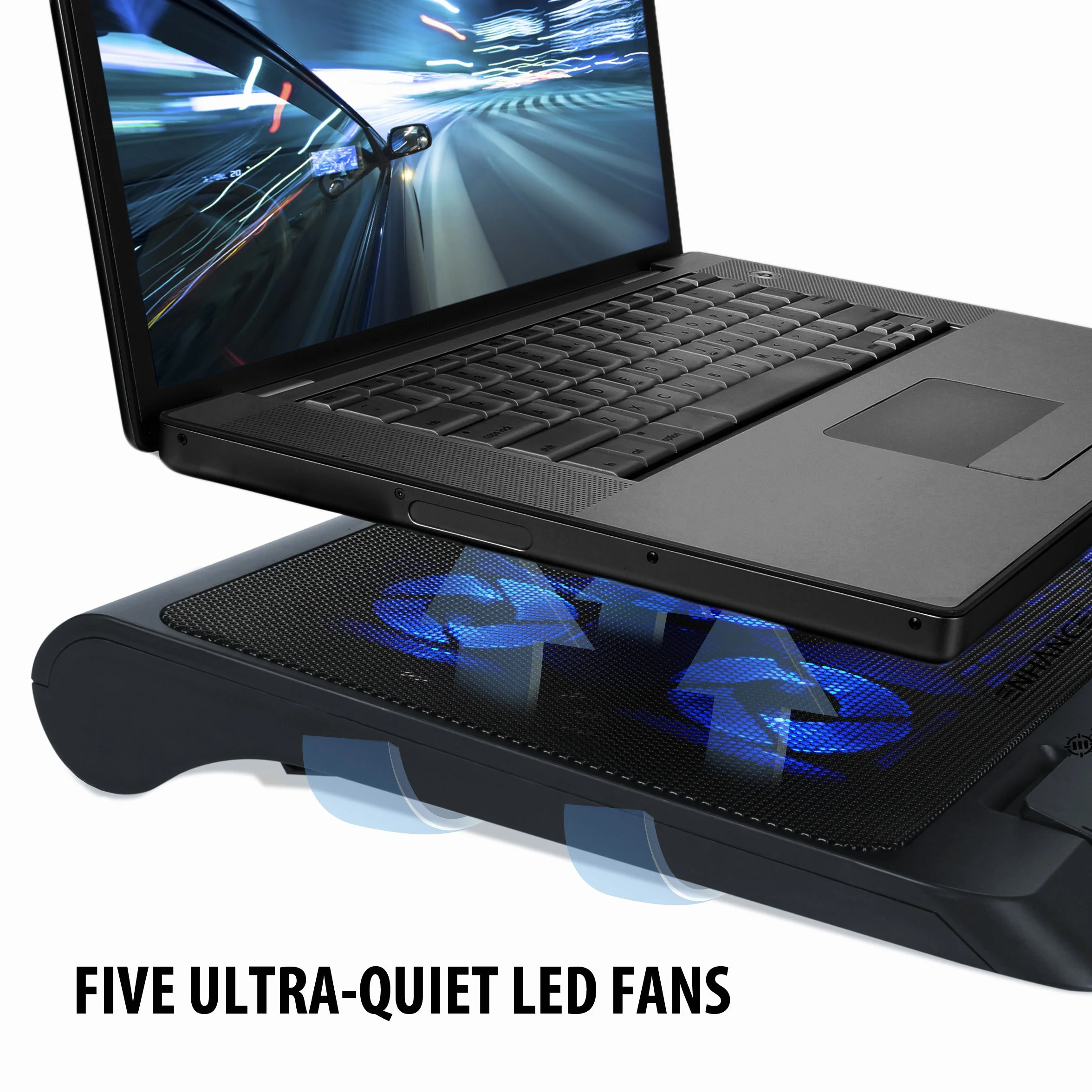 Plaque de Refroidissement PC Portable 5 Ventilateurs LED Bleues 2 Ports USB 40 x 32.4 cm