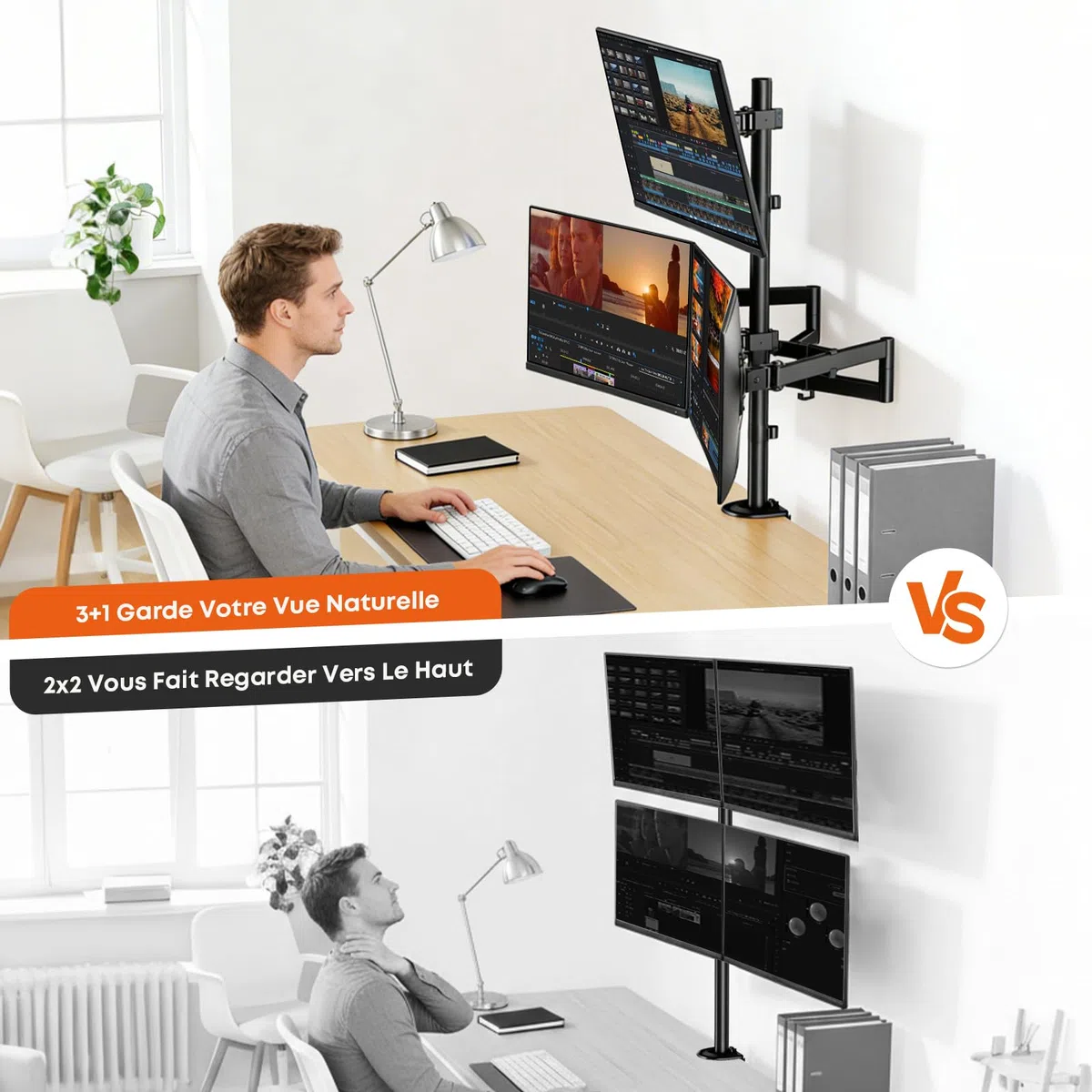 Support pour 4 Moniteurs 17"-27", Support de Bureau Réglable pour Écrans LCD LED, Montage Vertical, Poids Max 10 kg par Bras, VESA 75/100, Noir