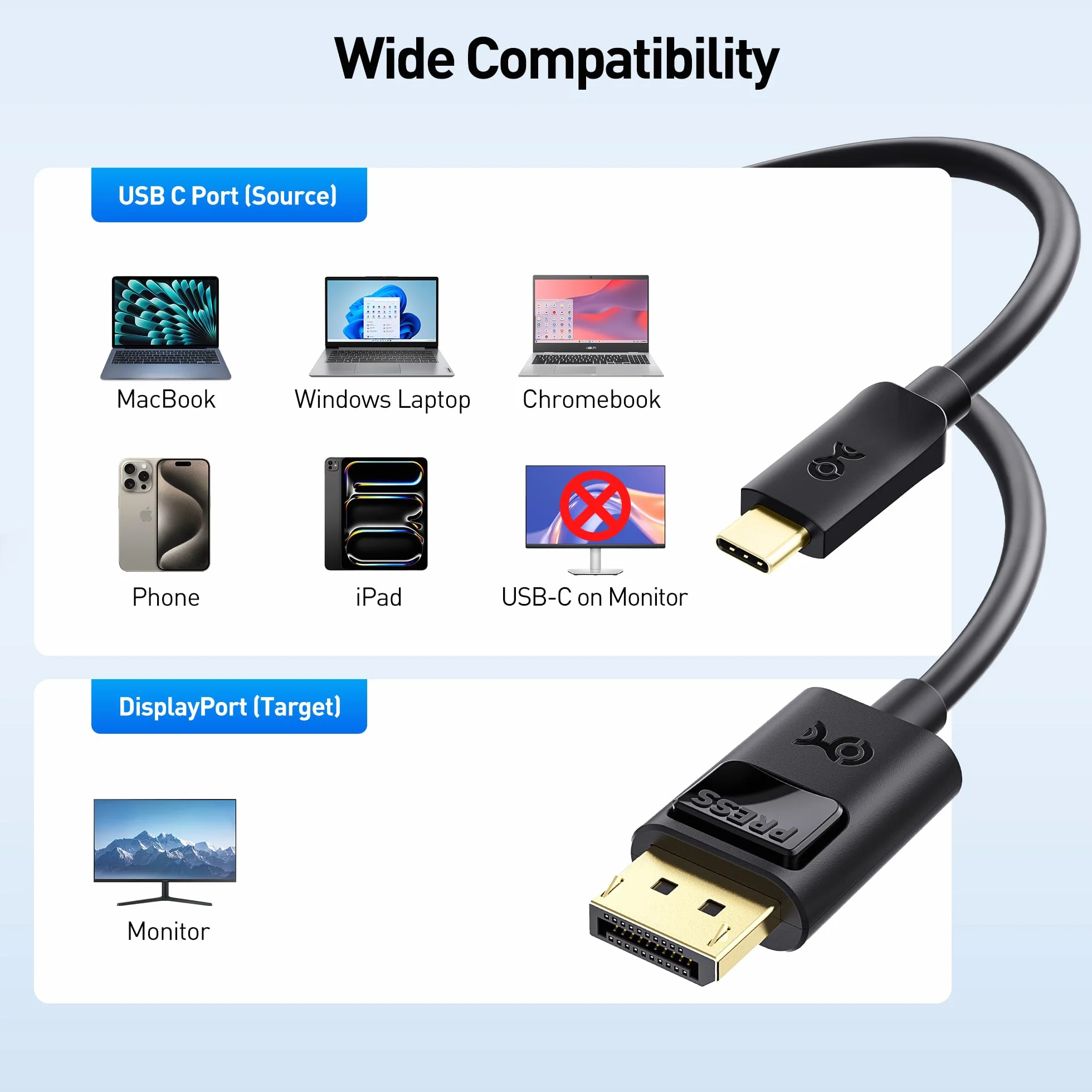 Cable Matters Câble USB C DisplayPort 1.4 1.8m 8K@60Hz 4K@240Hz Thunderbolt 4 vers DisplayPort Noir