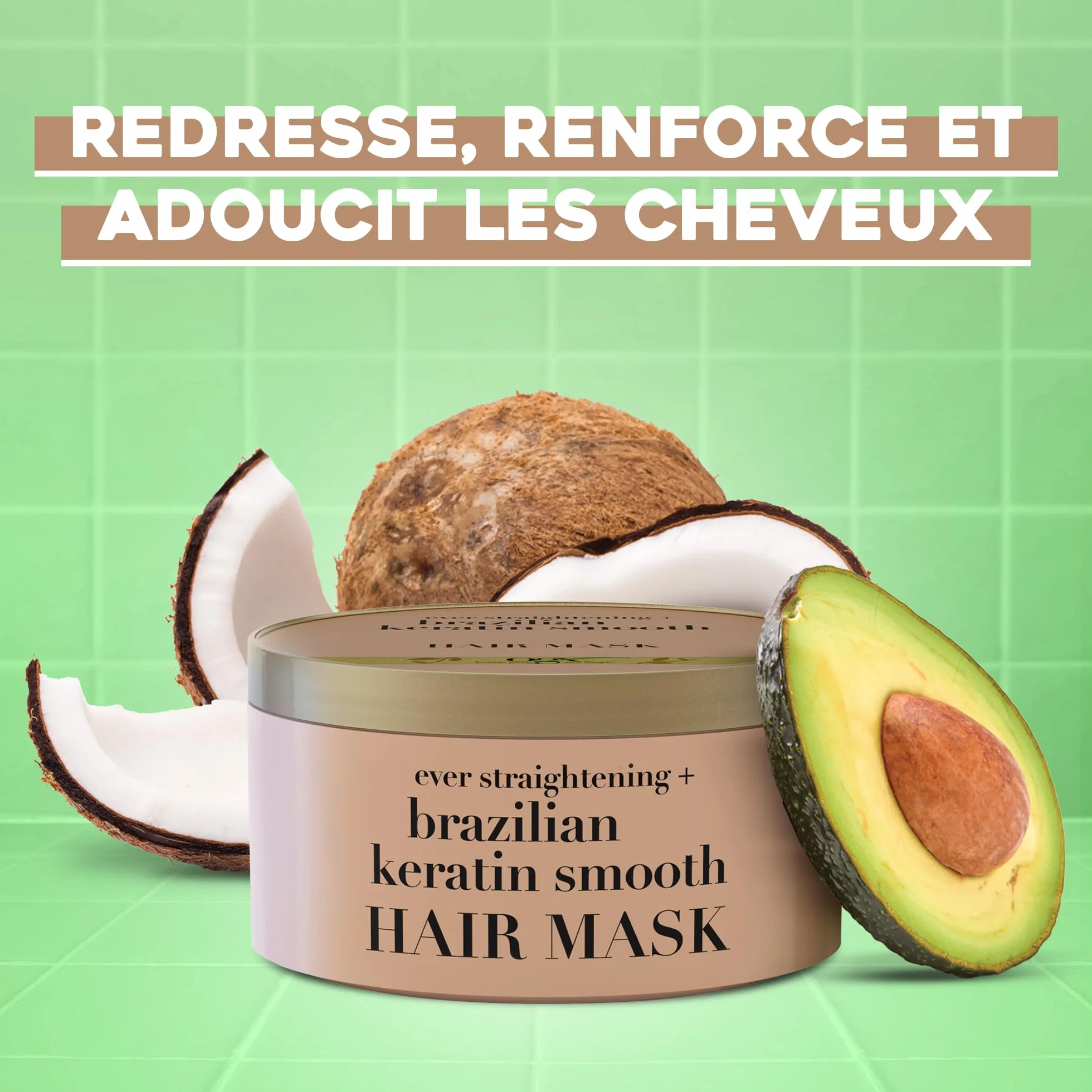 OGX Masque capillaire lissant à la kératine brésilienne 300 ml pour cheveux brillants et doux