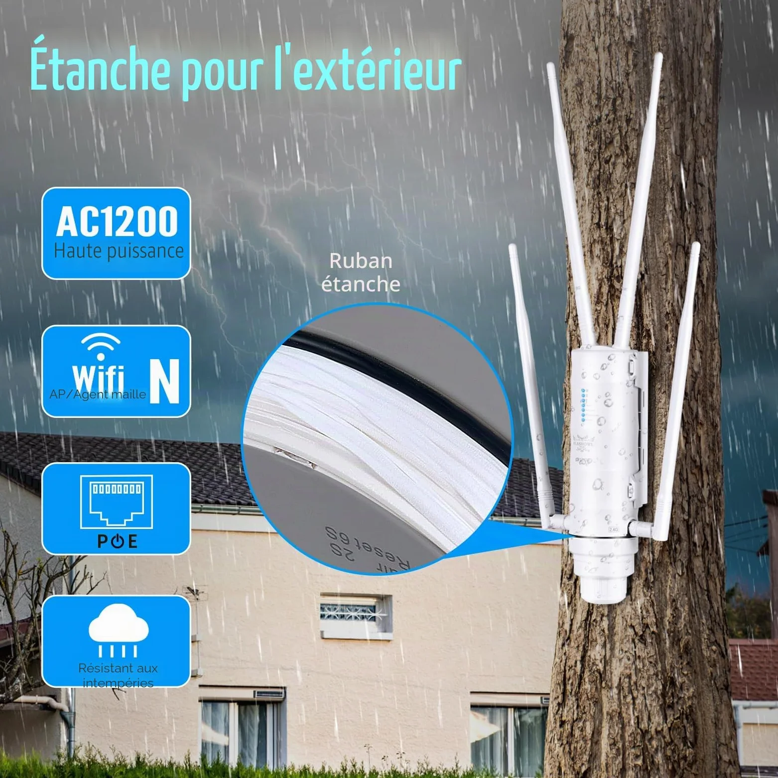 Répéteur WiFi Extérieur AC1200 Mesh IP65 PoE Double Bande 4 Modes | Antenne WiFi longue portée Amplificateur WiFi puissant Borne WiFi extérieure pour jardin garage terrasse caméra