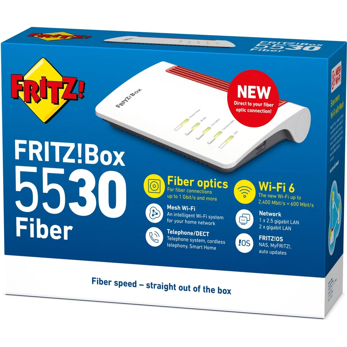 AVM Fritz!Box 5530 Fiber Edition XGS-PON Modem Routeur Fibre Optique et Mesh Master avec Wi-FI 6 jusqu'à 2400 Mbit/s (5 GHz) + 600 Mbit/s (2,4 GHz), LAN 2,5 Gigabit, 4X Gigabit-LAN, 2X USB 3.0