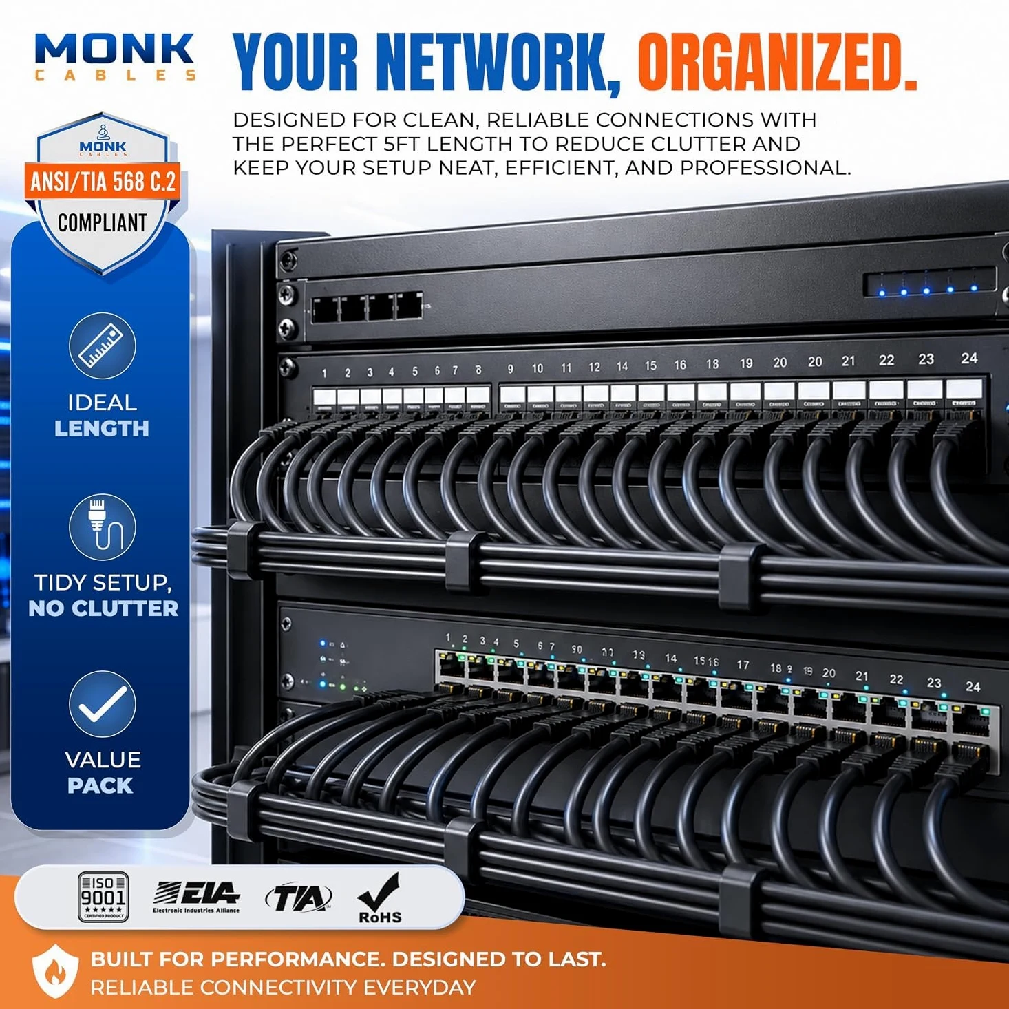 MONK CABLES | Câble Ethernet LAN CAT 6 de 30,5 m | Câble de raccordement CAT6 RJ45 | Noir