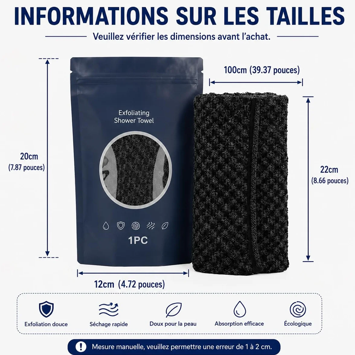 Ecovia Serviette Exfoliante Douce Corps Visage Lot 3 Couleurs Noir Rose Bleu