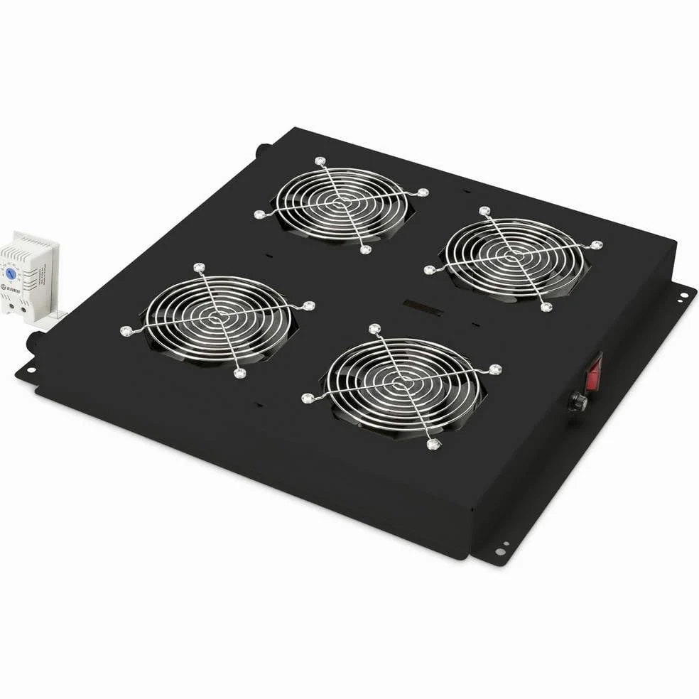 DIGITUS Ventilateur de toit pour armoire réseau 19 pouces – 4 ventilateurs | Thermostat – Débit d'air 9,3 m³ par minute – Pour les séries Unique, Unique Light et Server-N – Noir