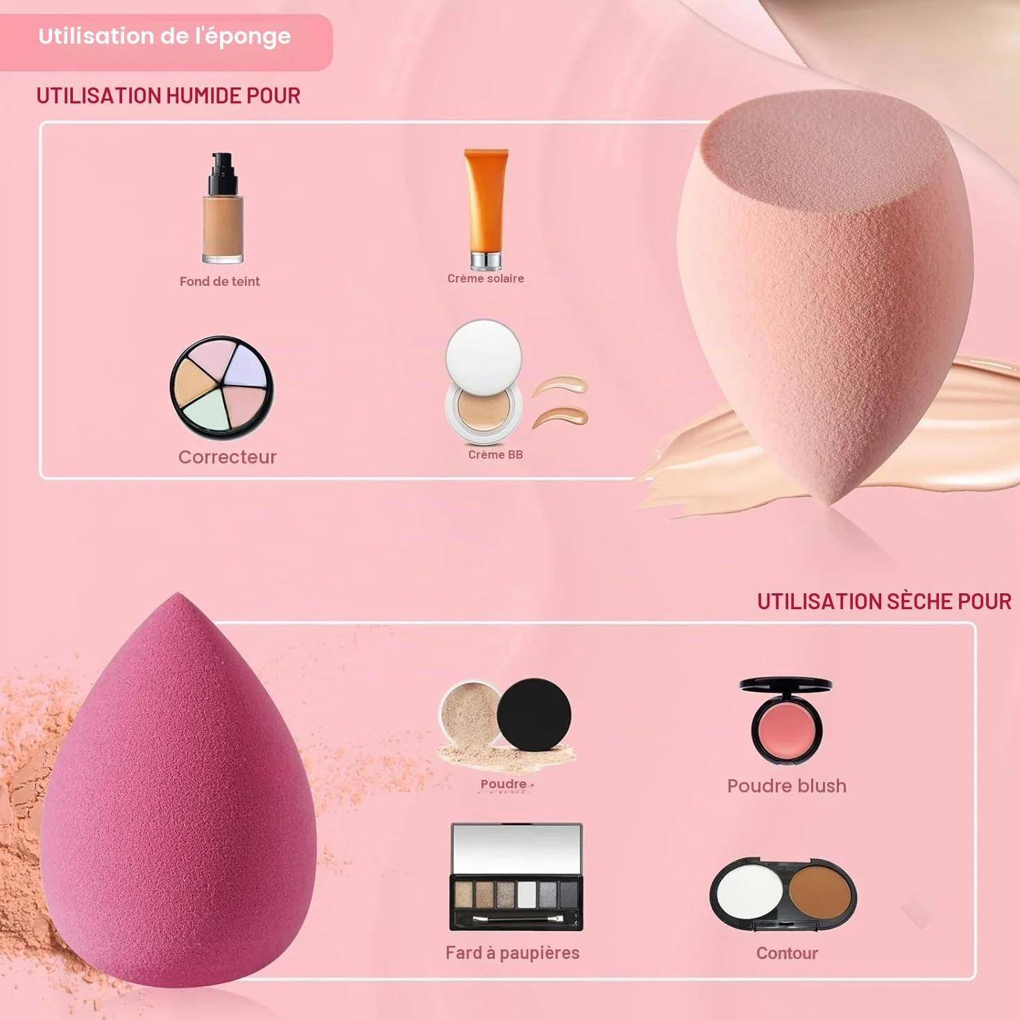 Lot de 4 éponges de maquillage sans latex pour fond de teint liquide