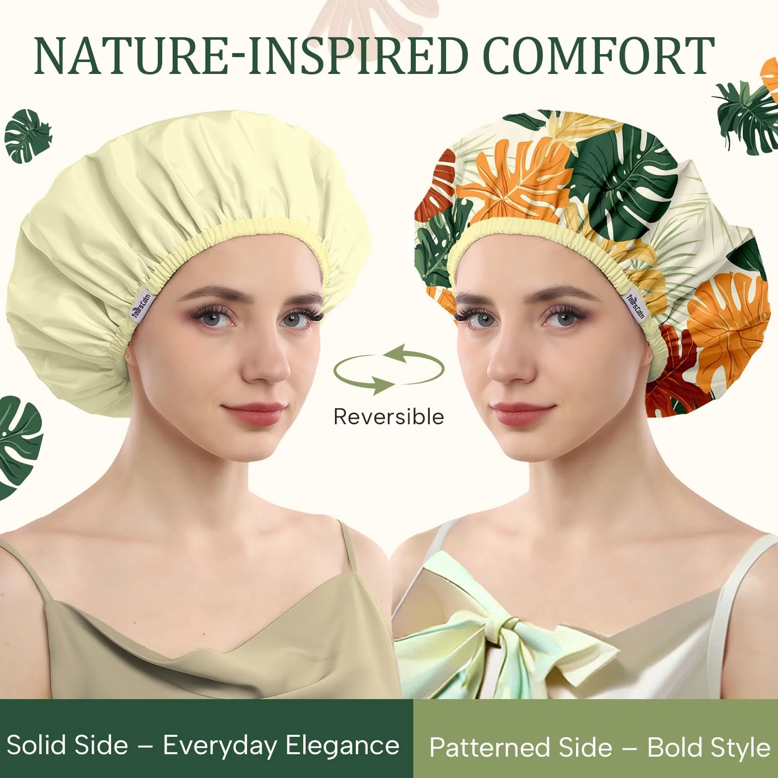 Lot de bonnets de douche réutilisables et imperméables pour femmes – Bonnet élastique à double couche avec impression botanique tropicale