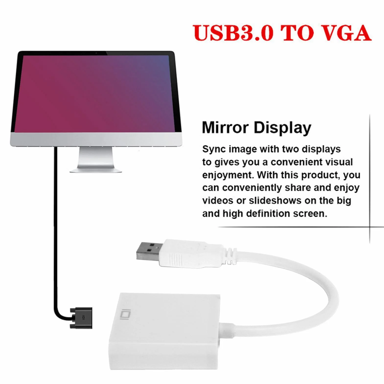 Convertisseur USB 3.0 vers VGA Mâle, Câble Adaptateur HD 1080P 5Gbps, Carte Vidéo Externe Femelle 15 Broches pour PC