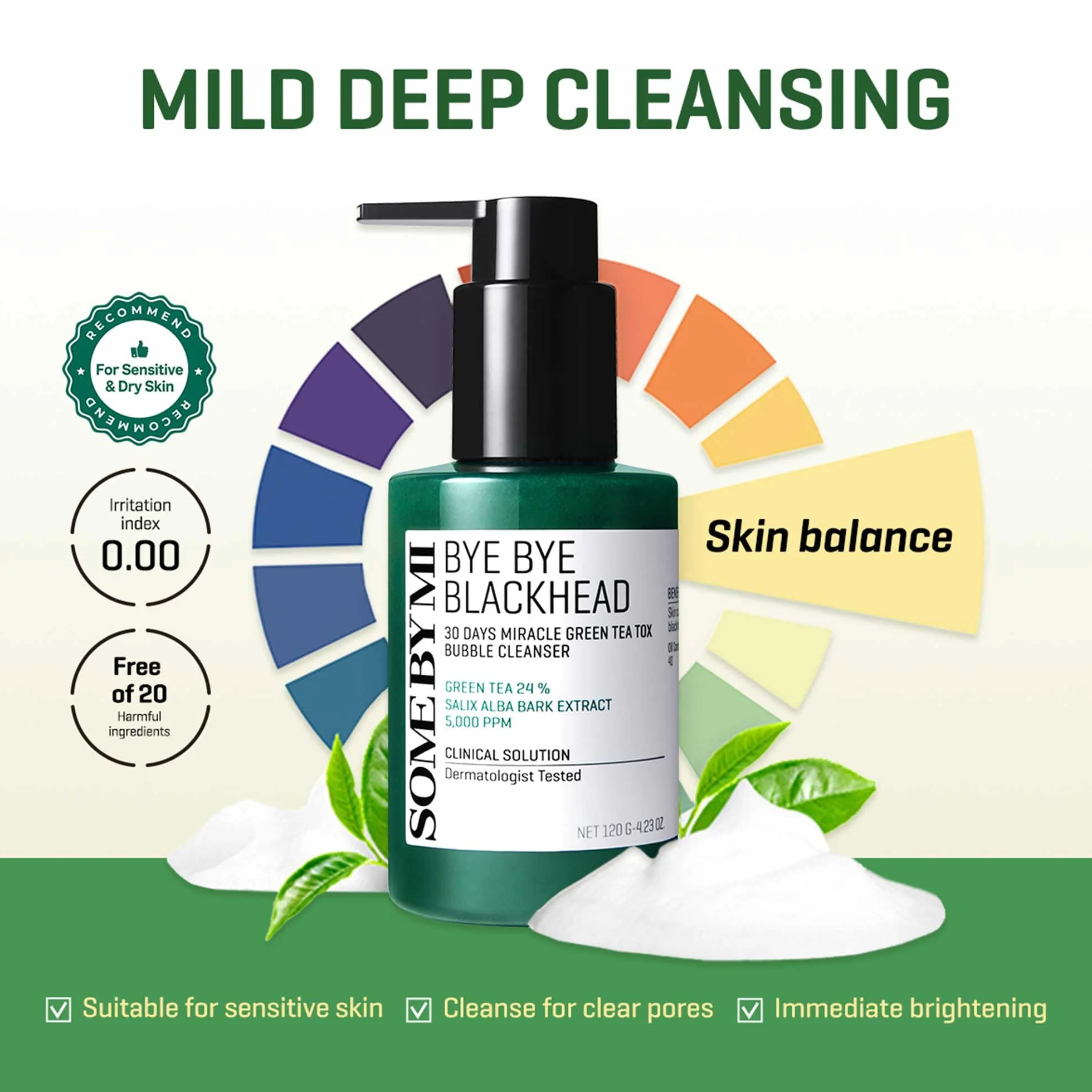SOME BY MI Bye Bye Blackhead 30 Days Miracle Green Tea Bubble Cleanser 120g Nettoyant visage moussant au thé vert Réduit points noirs affine pores