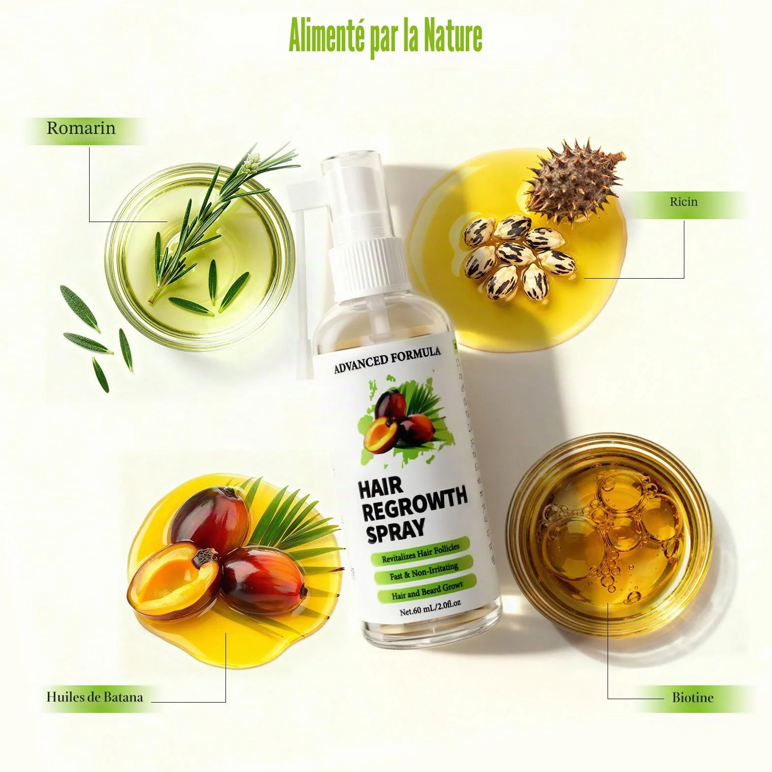 Huile De Ricin/Romarin/Batana 3 En 1 Pousse Cheveux Rapide, Booster Croissance Cheveux, Renforce Racines, 60 ml
