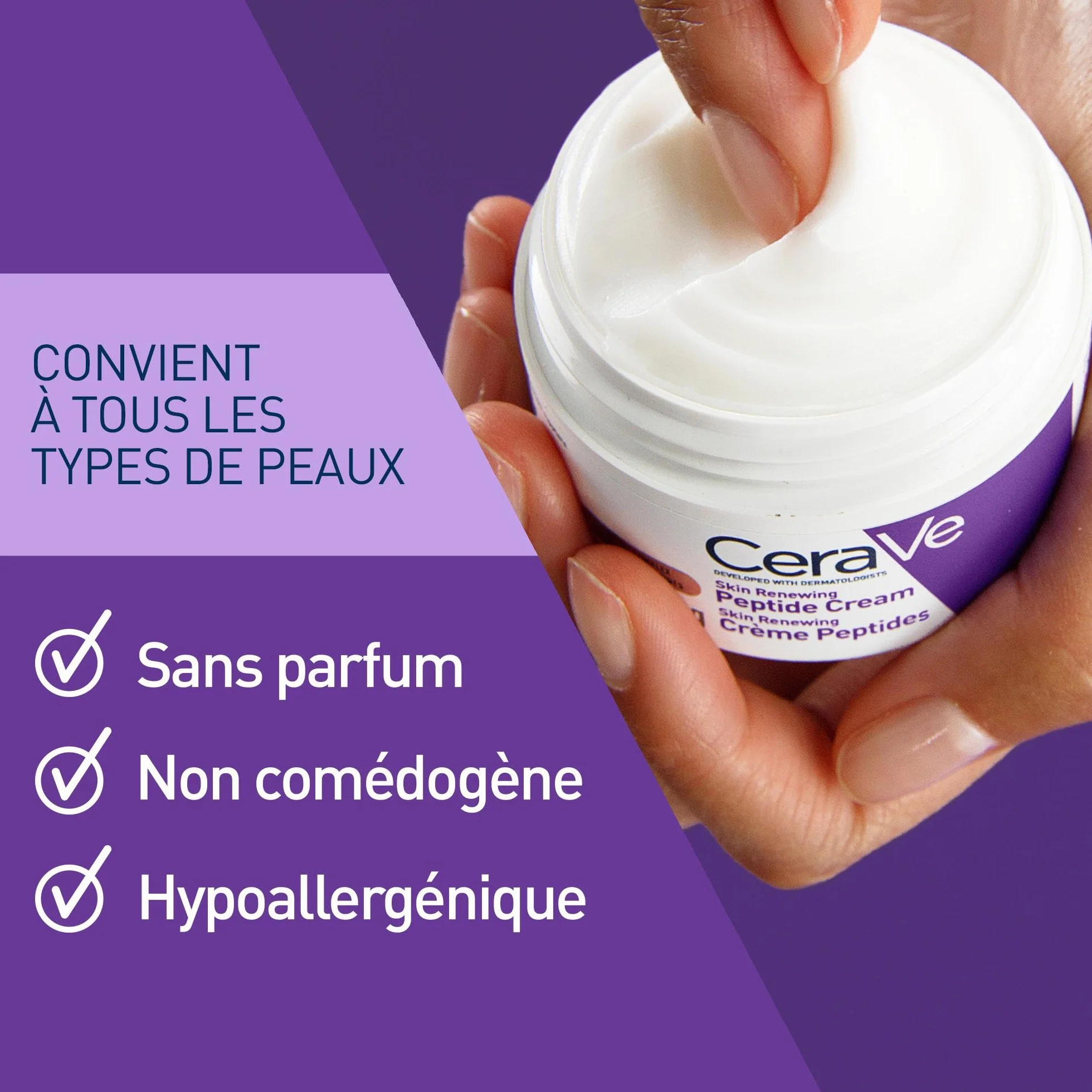 CeraVe Crème Peptides Anti-rides Skin Renewing Crème Nuit Raffermissante Visage Peptides Niacinamide 3 Céramides Peaux Sensibles 48g