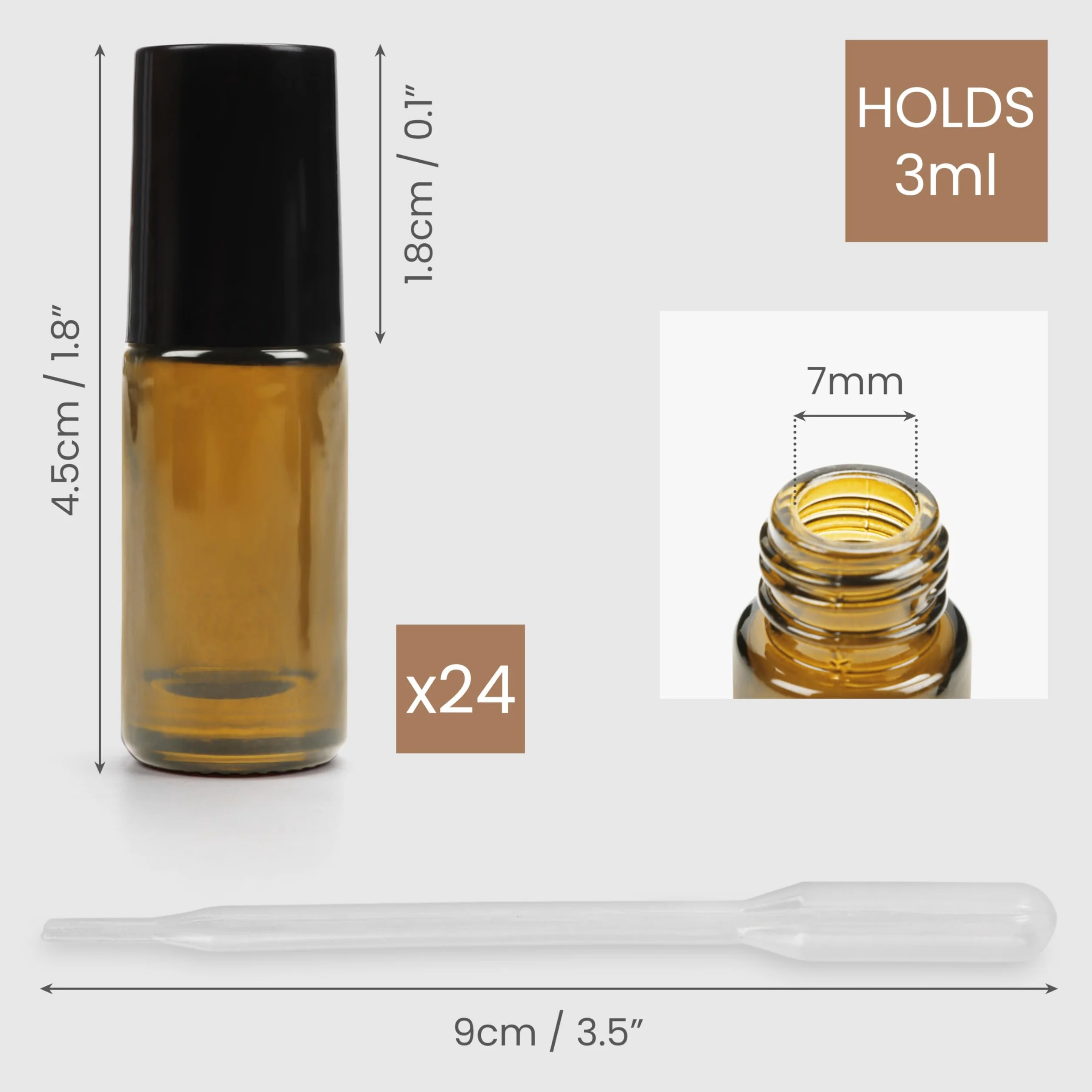 BELLE VOUS Lot de 24 Roll On Huiles Essentielles Flacon en Verre Ambré 3 ml Rechargeable Bille Inox