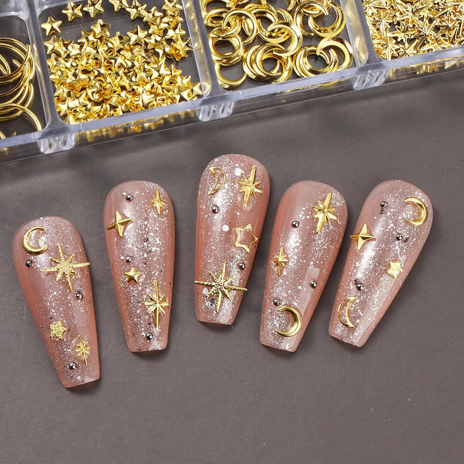 LunarCharm Goldene Nagelanhänger, clous 3D en alliage, bijoux nail art, accessoires décoration