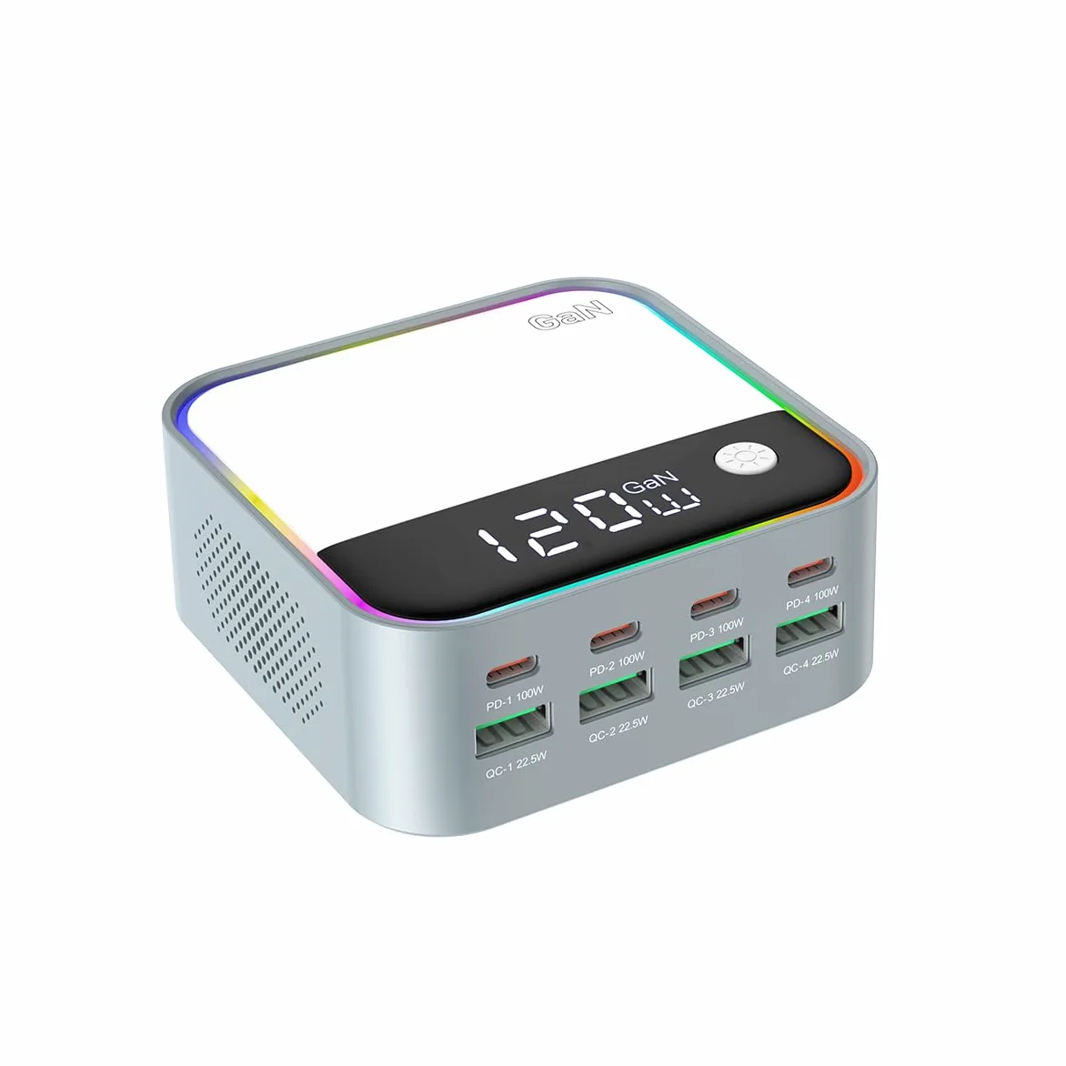 120W Chargeur rapide, station de charge USB C GaN à 8 ports avec port de charge rapide PD3.0 et QC3.0 de 100W et affichage numérique intelligent
