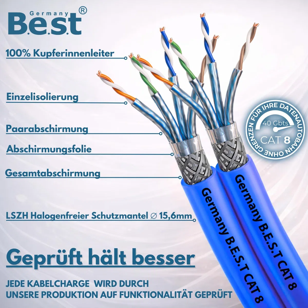Germany B.e.s.t Câble réseau duplex CAT 8 de 50 m - En cuivre - Câble LAN - Câble Ethernet S/FTP - 40 Gbit/s - Catégorie 8 - En cuivre pur - Câble de données PoE++ LSZH