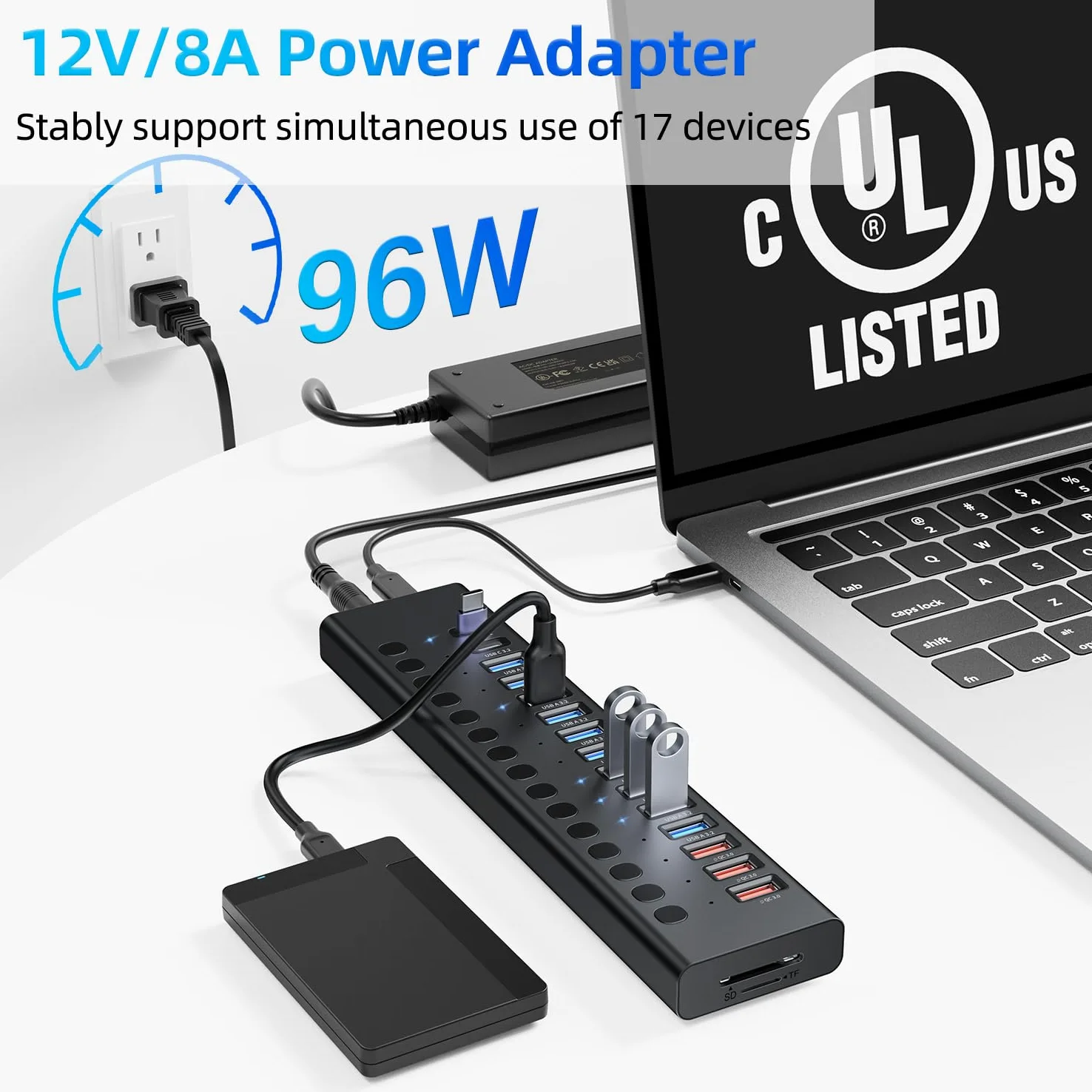 OLKIEQZ Powered USB Hub, VANGREE 17-Port USB Splitter (7 USB 3.0 Ports+3 2.4A Charging Ports+3 USB 2.0 Ports+2 USB-C 3.0 Ports+SD/TF