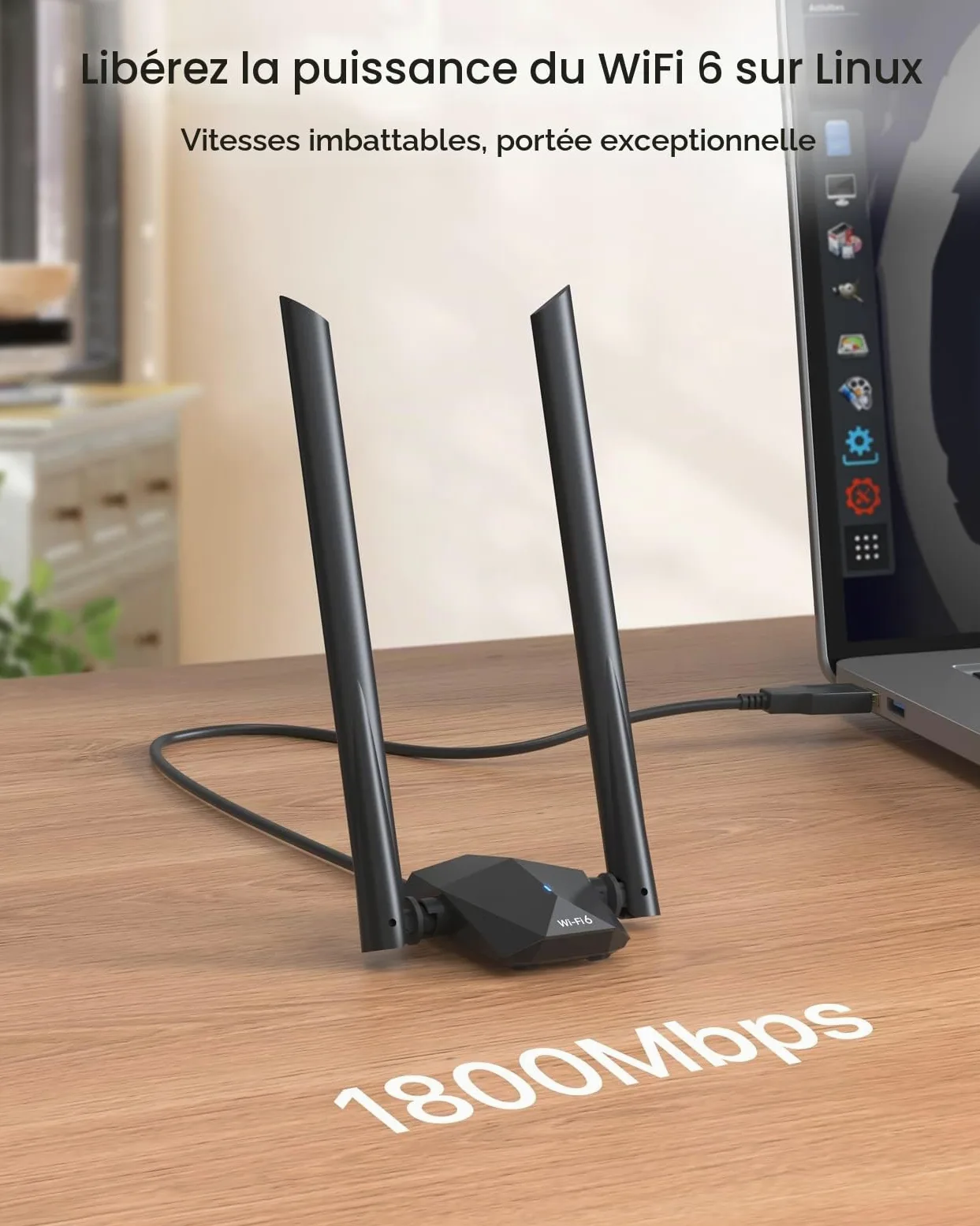 BrosTrend AX1800 WiFi 6 Clé WiFi USB Linux Puissante, Longue Portée Antenne | Bi-Bande 5GHz & 2.4G Dongle WiFi pour Ubuntu, Mint, Debian, Kubuntu, Mate, Zorin, Windows 11/10 etc. PC, Raspberry Pi, Odroid