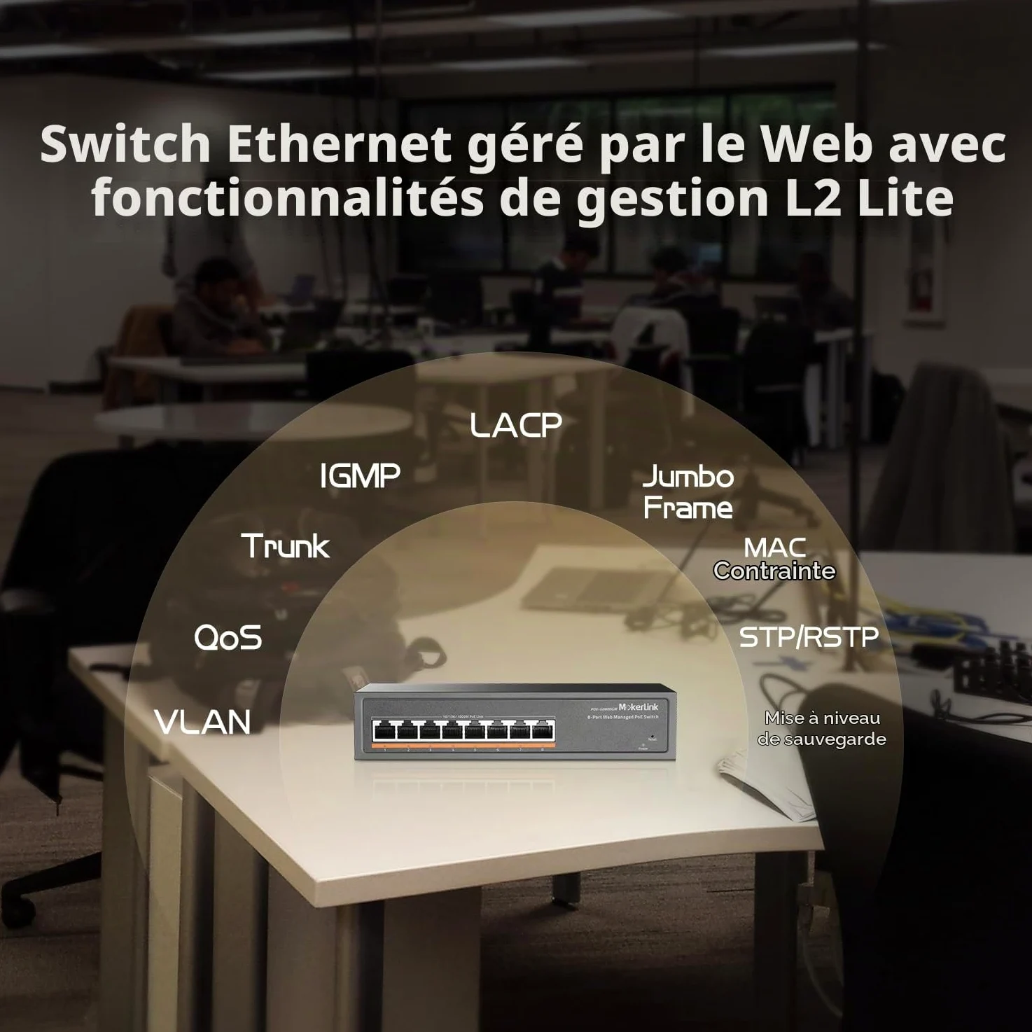 MokerLink 8 Port PoE Gigabit Managed Switch, 8x100/1000Mbps PoE+ Port, IEEE802.3af/at, 120W Power Supply, L2 Smart Web Managed, Fanless Metal Ethernet Switch