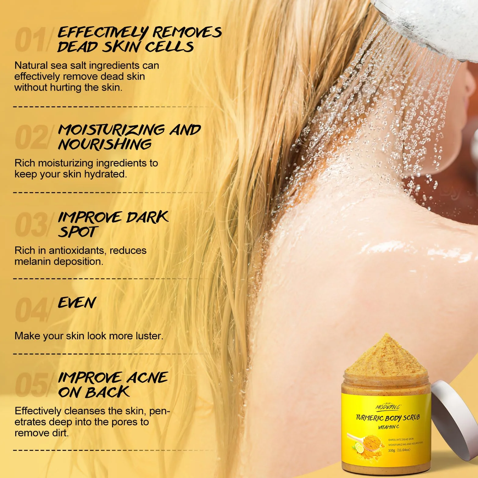 Gommage Corporel au Curcuma et Vitamine C, Exfoliant, Anti-Taches Brunes et Acné, Lissant et Éclaircissant