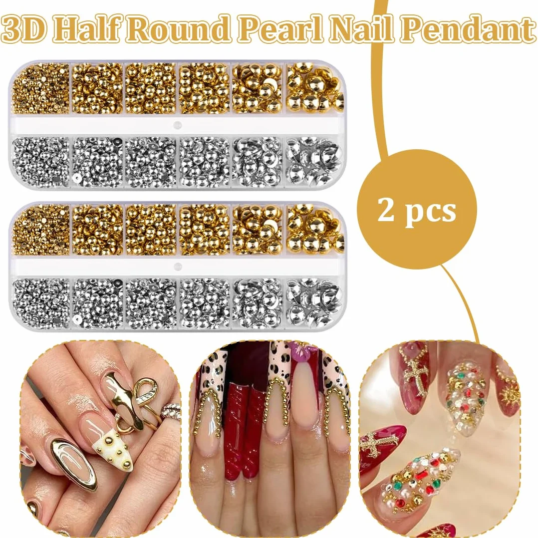 Boîte 3D Flatback Perle Ongle Argent et Or, Demi-Rondes Métal Perle Bijoux Nail Art