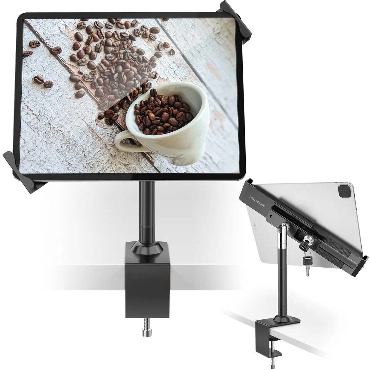AboveTEK Support antivol verrouillable pour Tablette - 360/320 POS Swivel Support de Table de Bureau avec Pince pour iPad 7 à 11 Pouces Fire Microsoft Galaxy Tab Google (Noir)