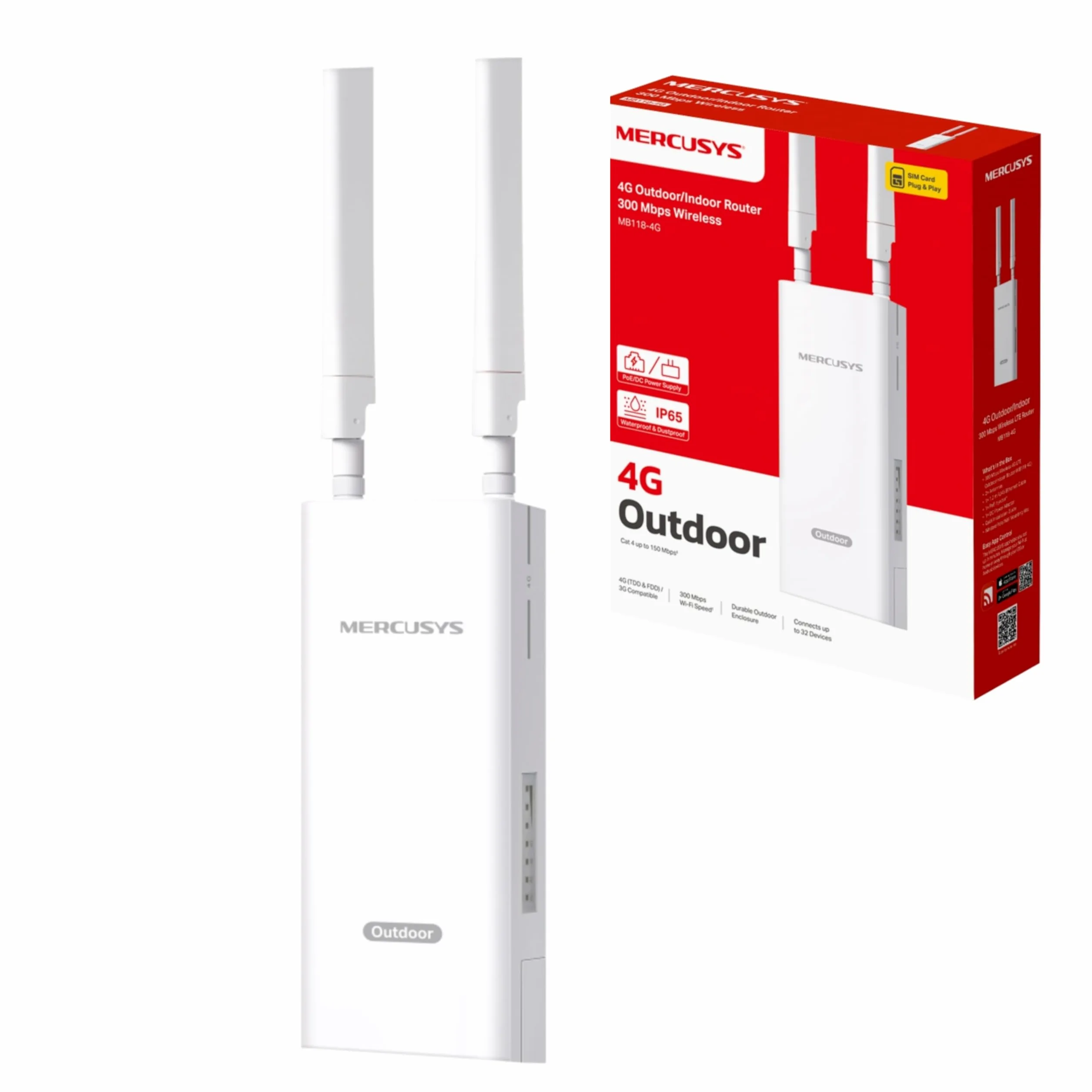 MERCUSYS MB118-4G Routeur WiFi avec Sim d'extérieur, 4G CAT4 LTE N300Mbps, 2 antennes LTE Amovibles, Port LAN, Alimentation PoE/DC, Montage sur Poteau, Mur et fenêtre, SMS, Application, Plug&Play