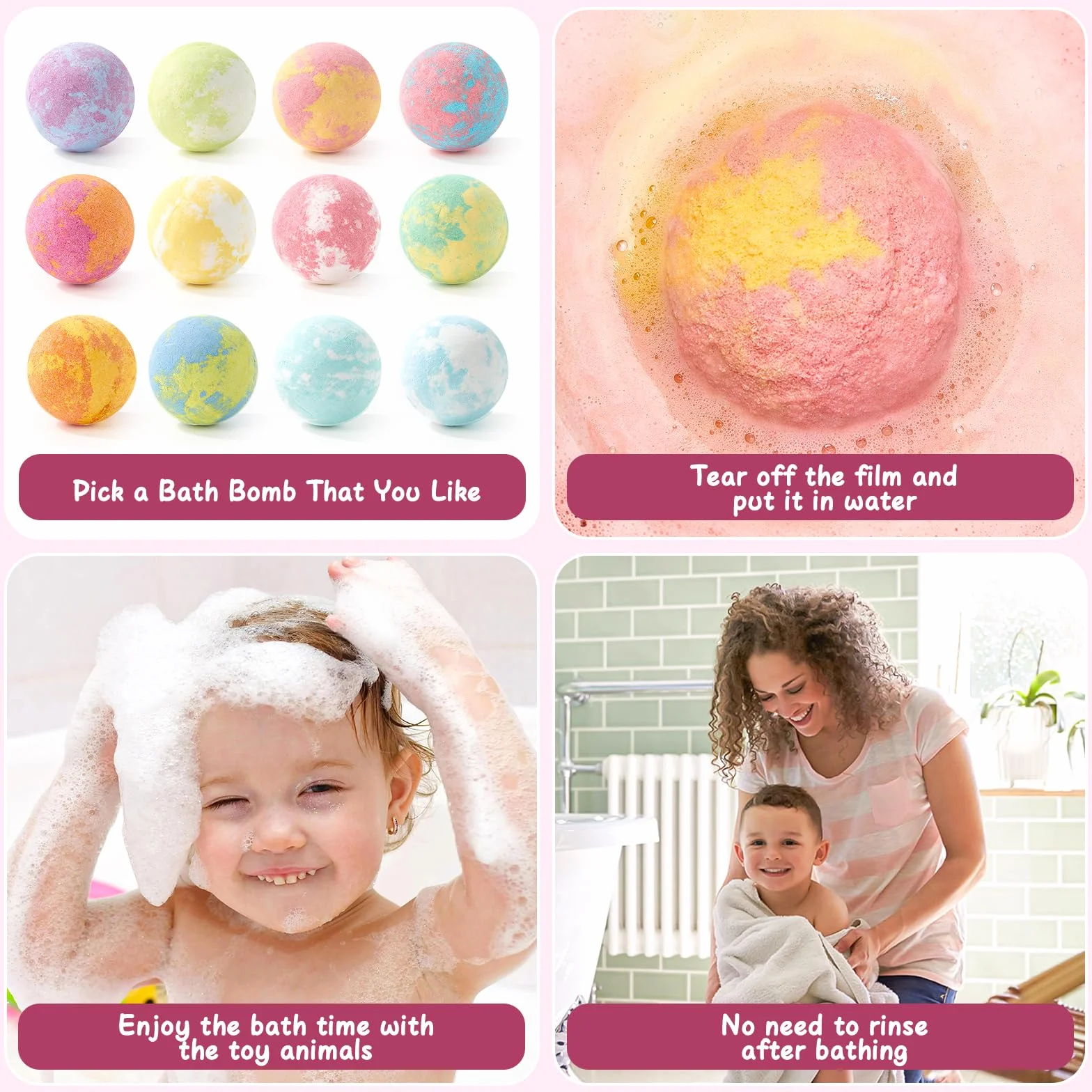 Bombe de Bain Enfant Surprise 12pcs Boule de Bain avec Jouets Chiens Chats Aromatherapie Cadeau Anniversaire Garçons Filles