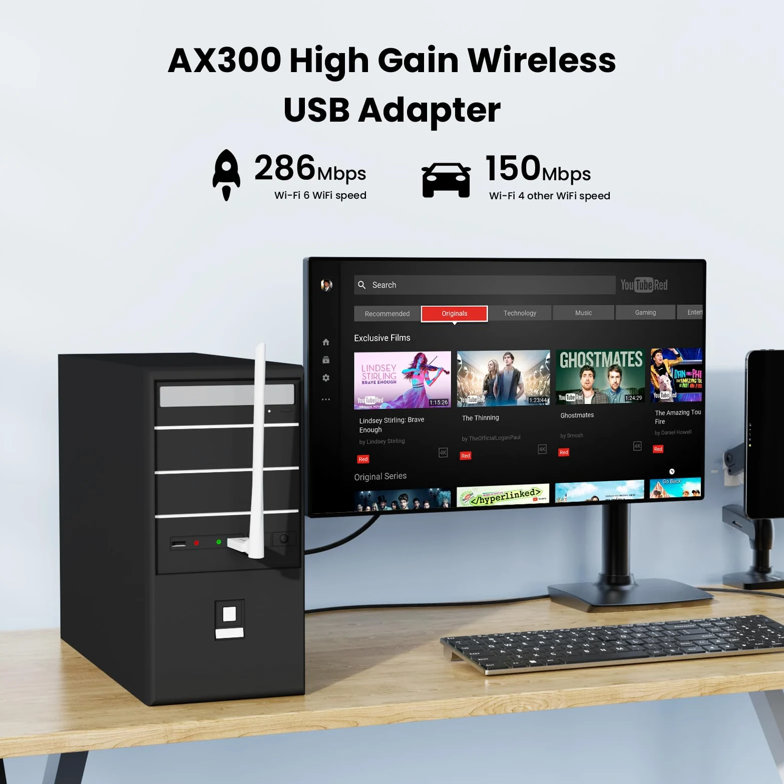 Tenda AX300 Adaptateur WiFi 6-286 Mbit/s 2,4 GHz, antenne à gain élevé 6 dBi, adaptateur WiFi sans fil pour Windows 11/10/7/Linux 3.1+/Ubuntu, Dongle WiFi USB (U2)