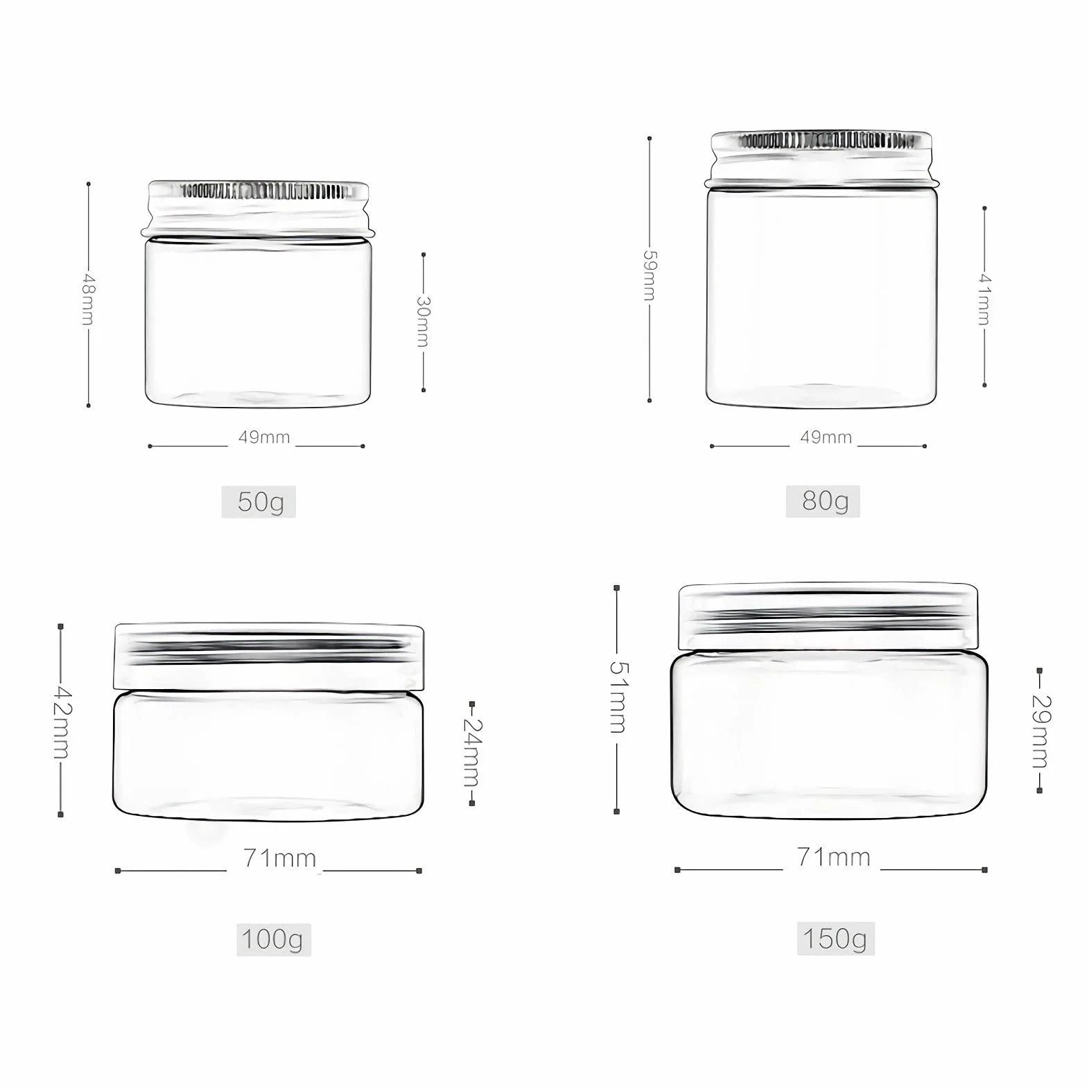 Pots Cosmétique Plastique Transparent 150 ml avec Couvercle Noir 6 Spatules