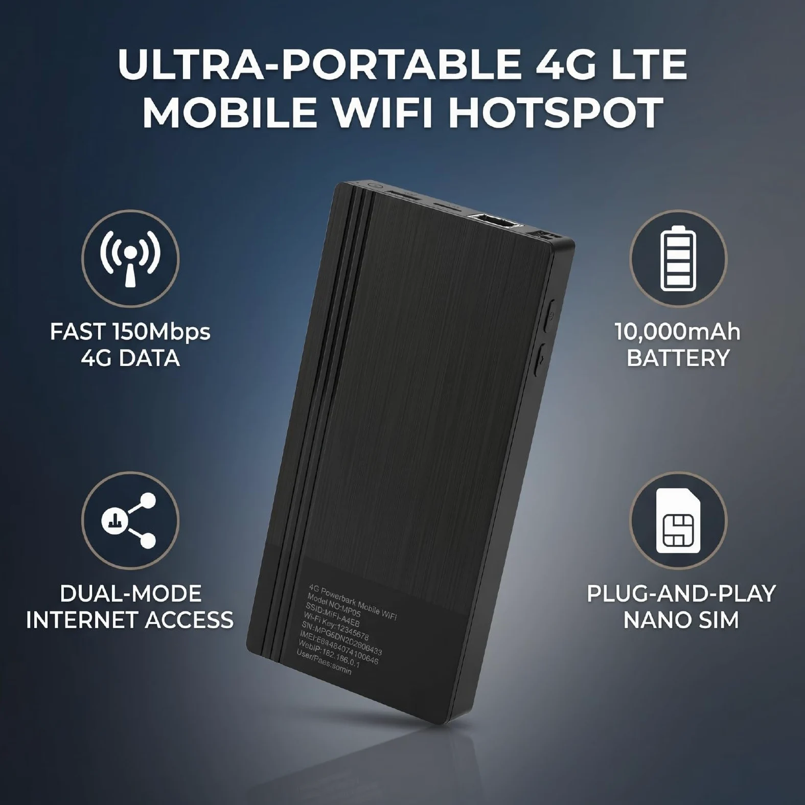 Routeur WiFi 4G LTE Portable, Point D’accès Mobile 150 Mbps 10000 MAh avec Emplacement pour Carte SIM Port Ethernet, for Voyage Affaires Extérieur