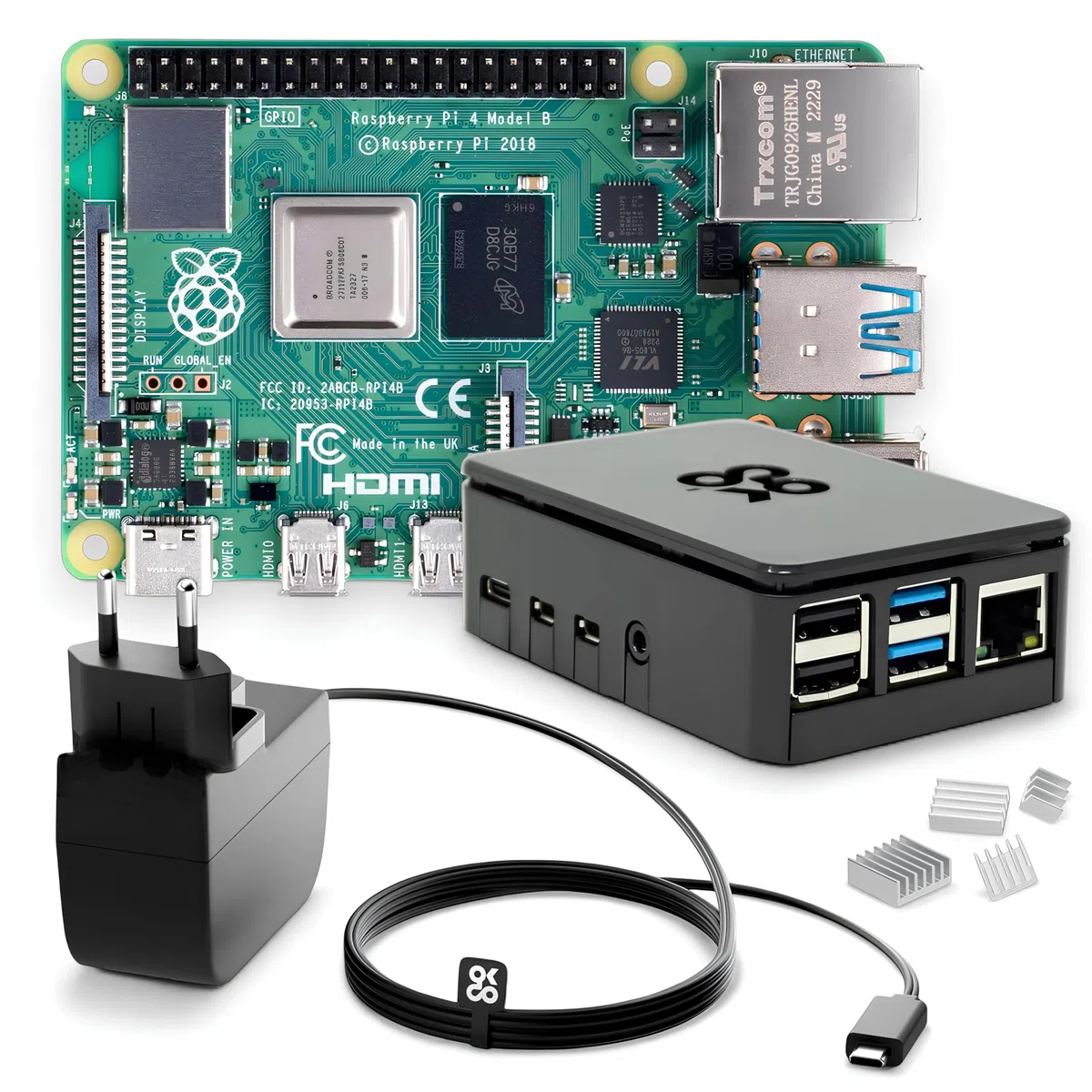 db-tronic OKdo Raspberry Pi 4 Model B Kit de démarrage 4 Go - Bloc d'alimentation 15 W - Boîtier noir - Dissipateur thermique - Idéal pour la maison intelligente, le jeu rétro et l'assistant à