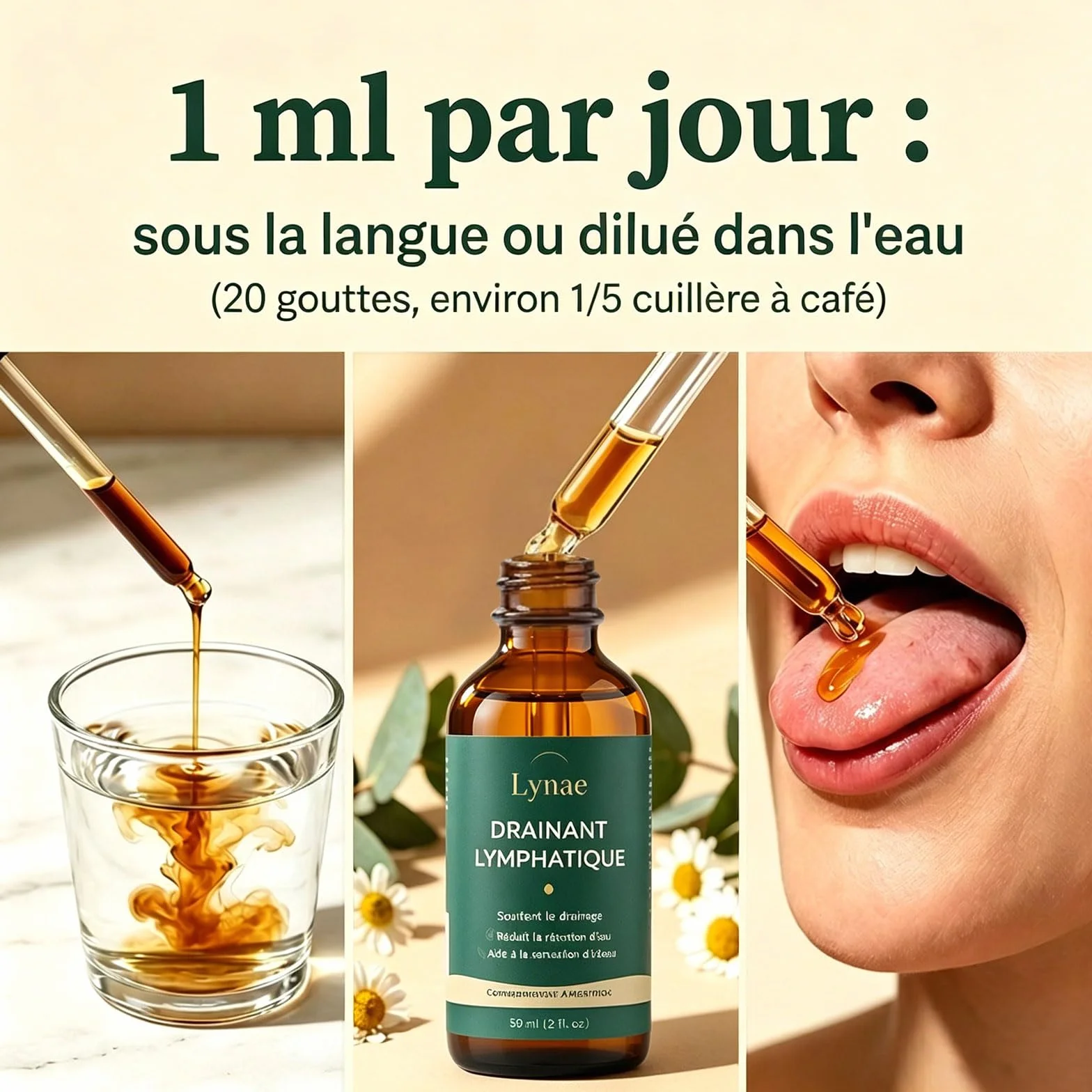 Lynae Drainant Lymphatique Goutte, Drainage Lymphatique Corps Complet, Mélanges à Base de Plantes Naturelles, Sans Gluten, 2 flacons