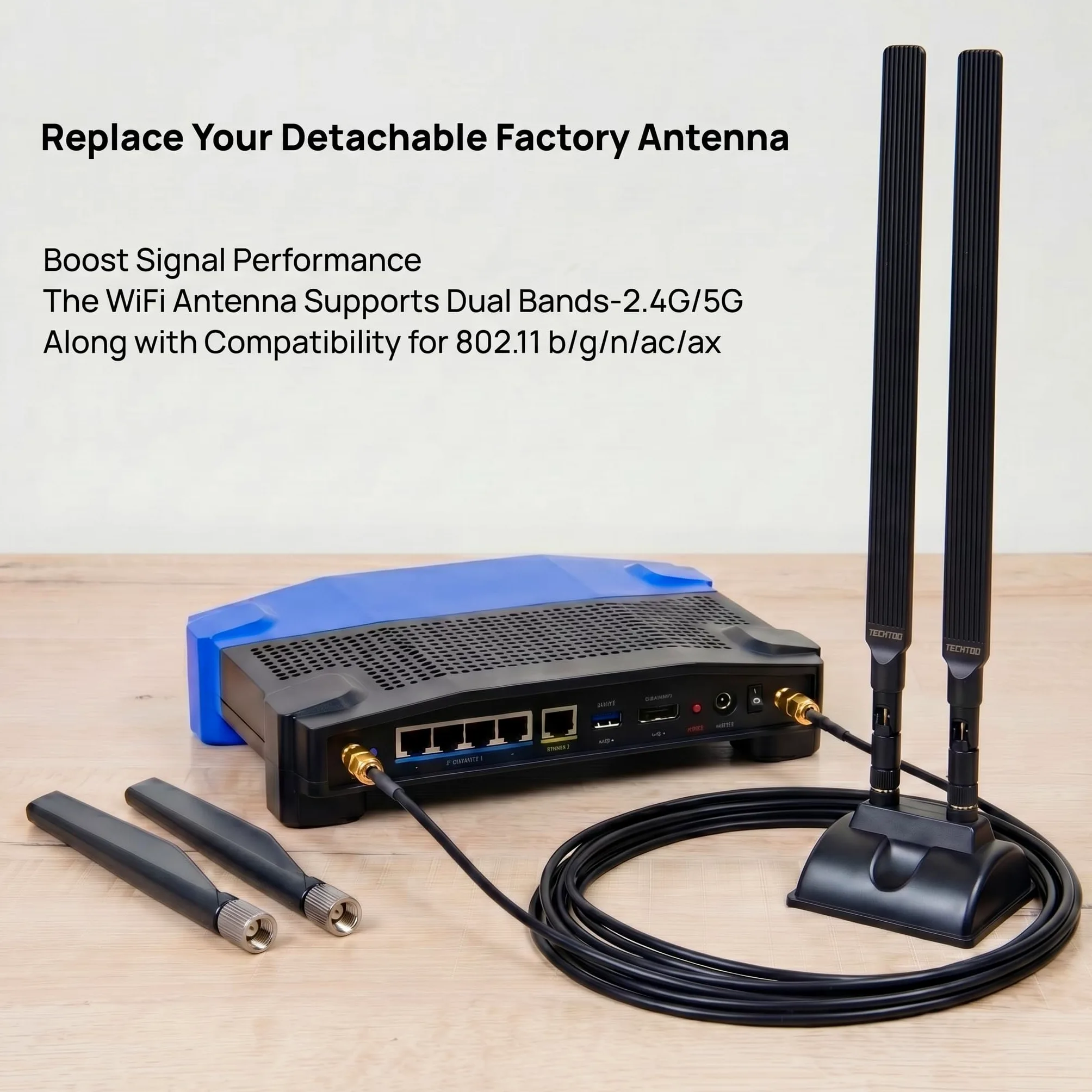 TECHTOO Antenne WiFi 12 dBi double bande 2,4 GHz 5 GHz RP-SMA Antennes WiFi avec base magnétique et câble d'extension de 1,2 m pour PC de bureau, ordinateur de bureau, carte réseau sans fil, carte
