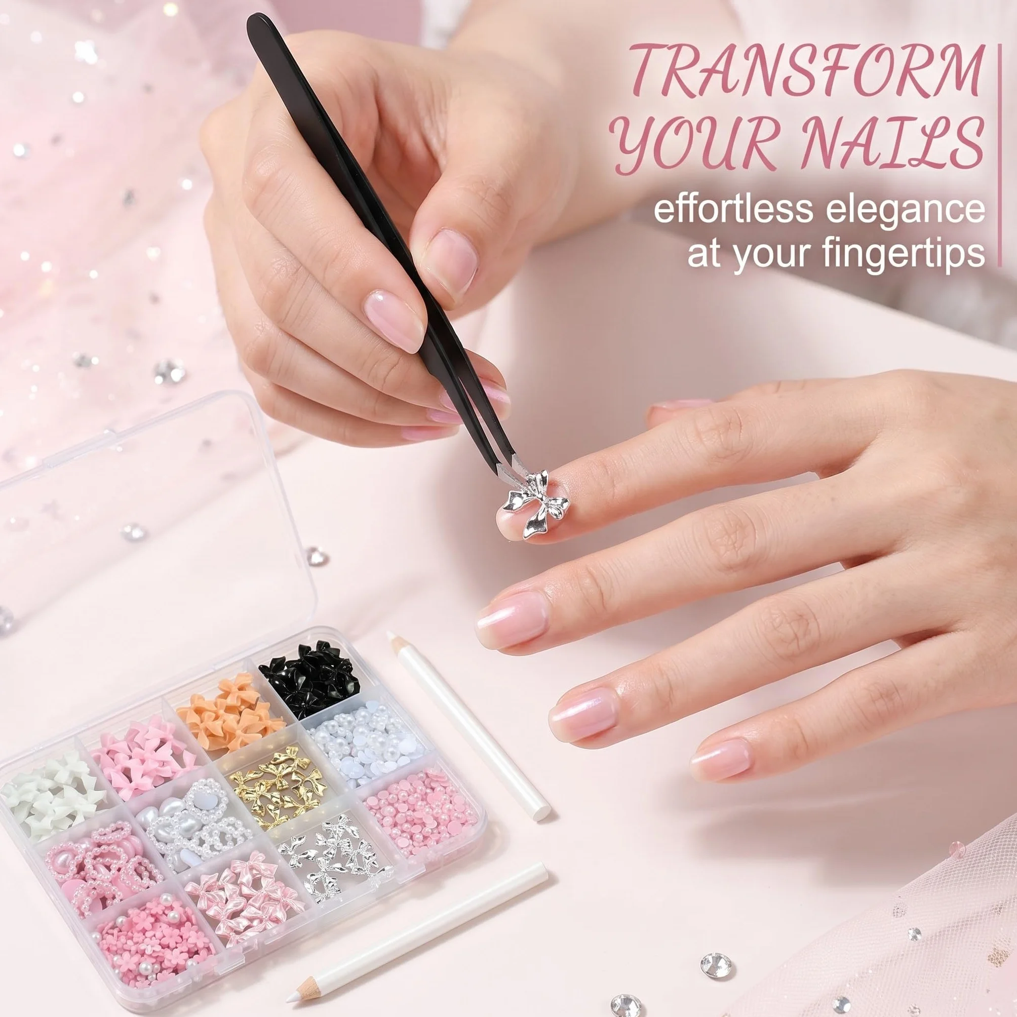 Pendentifs pour Ongles Nœud Blanc Rose Noir 3D Dos Plat Strass Nail Art Deco