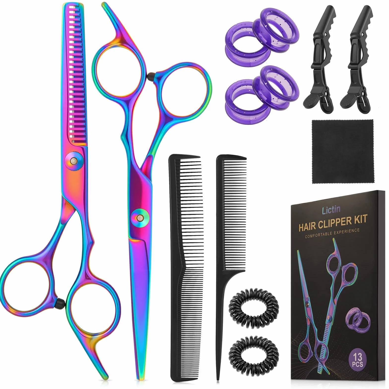 Lictin Ciseaux Coiffeur Professionnels 13 en 1 6.7" Acier Inoxydable avec Peigne Multicolore