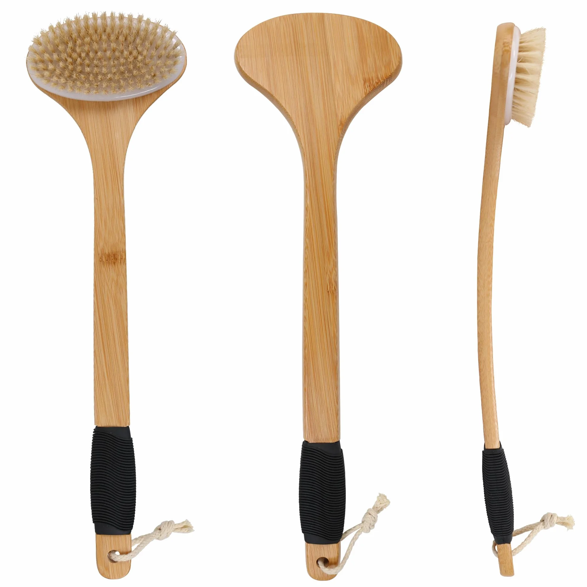 Brosse à récurer pour le dos OWIIZI, poils de sanglier rigides, manche long antidérapant en bambou incurvé, nettoyage en profondeur
