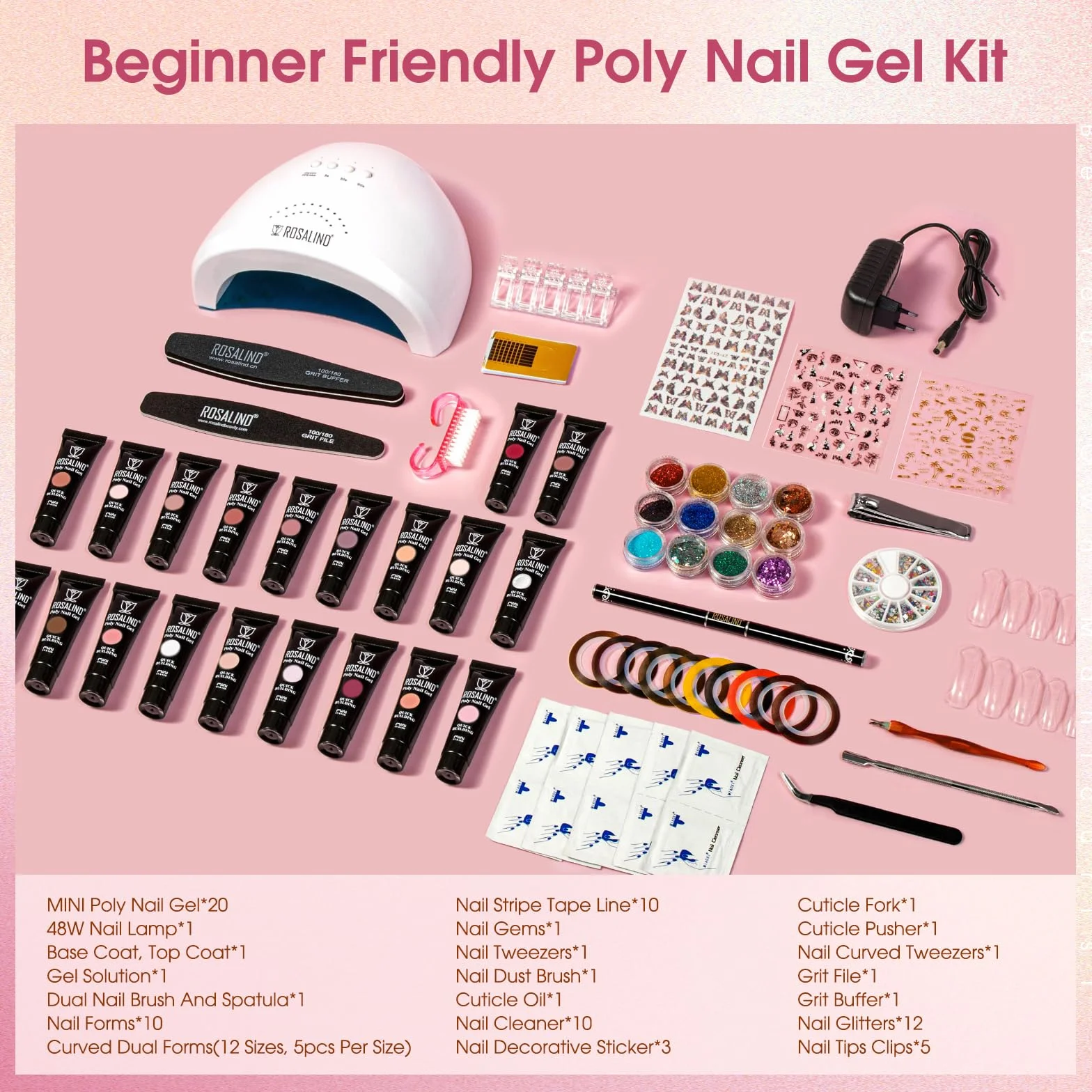 ROSALIND Kit Ongle Gel UV Complet 48W Lampe 20 Couleurs Gel Construction Rose Transparent Base Top Coat