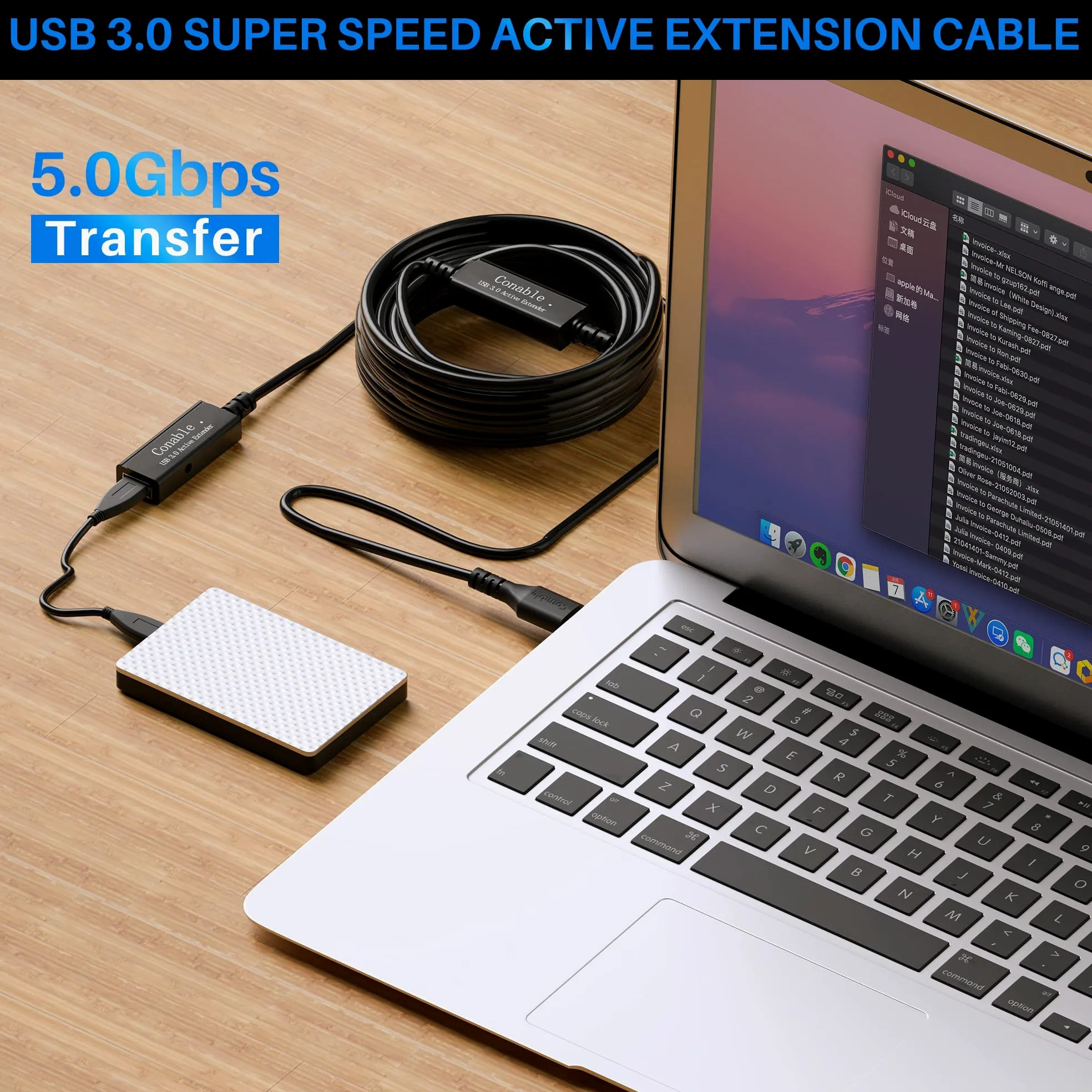 Conable Câble d'extension répéteur actif USB 3.0 de 12,7 m mâle vers femelle (6,1 m à 30,5 m) 5 Gpbs - Puce intelligente de transfert de signal avec 5 attaches Velcro