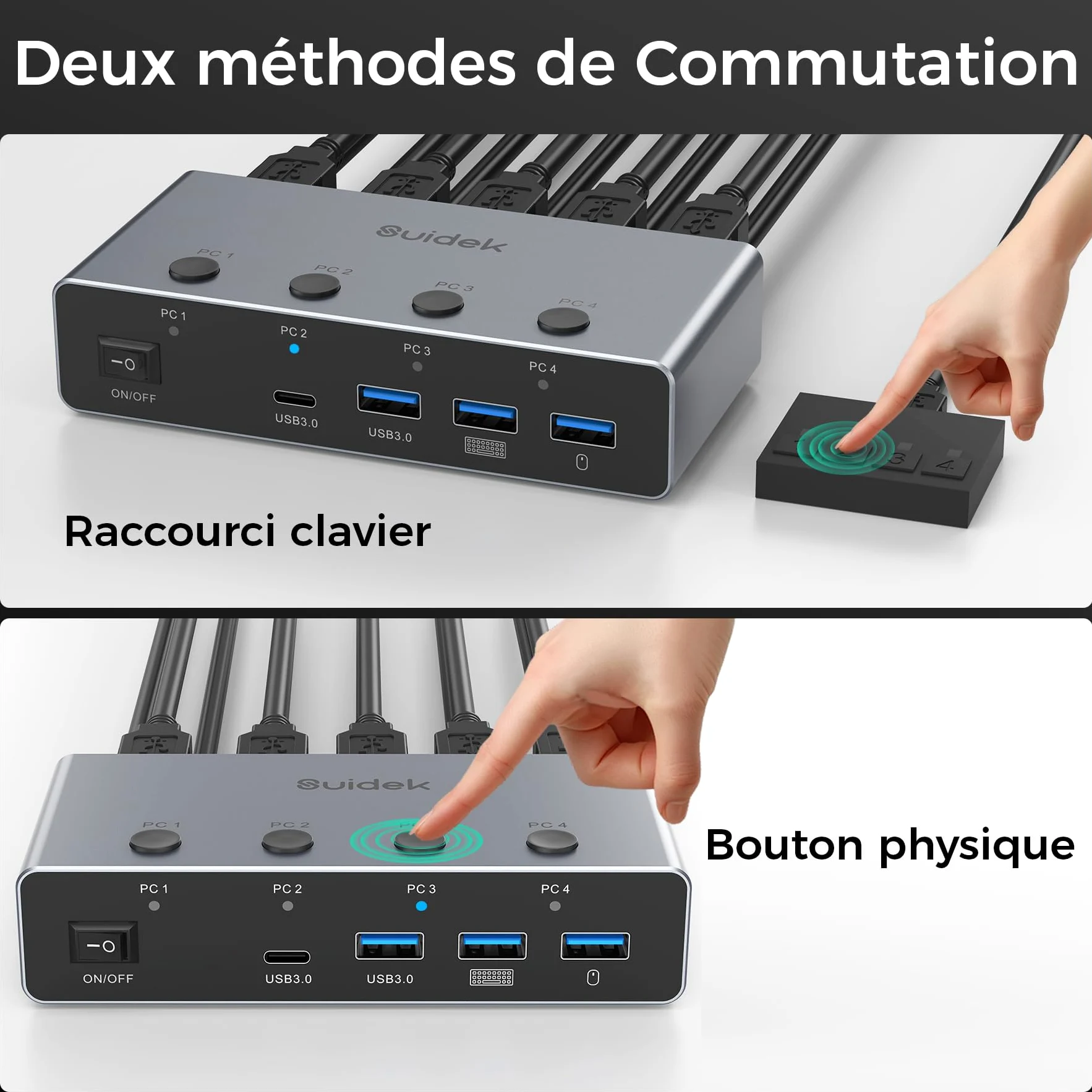 SUIDEK Commutateur KVM HDMI 8K@60Hz, 4 ordinateurs, 1 moniteur,4 ports USB 3.0 (3 A + 1C) Commutateurs KVM en aluminium, clavier et souris,Comprend 4 câbles USB, un contrôleur et un adaptateur secteur