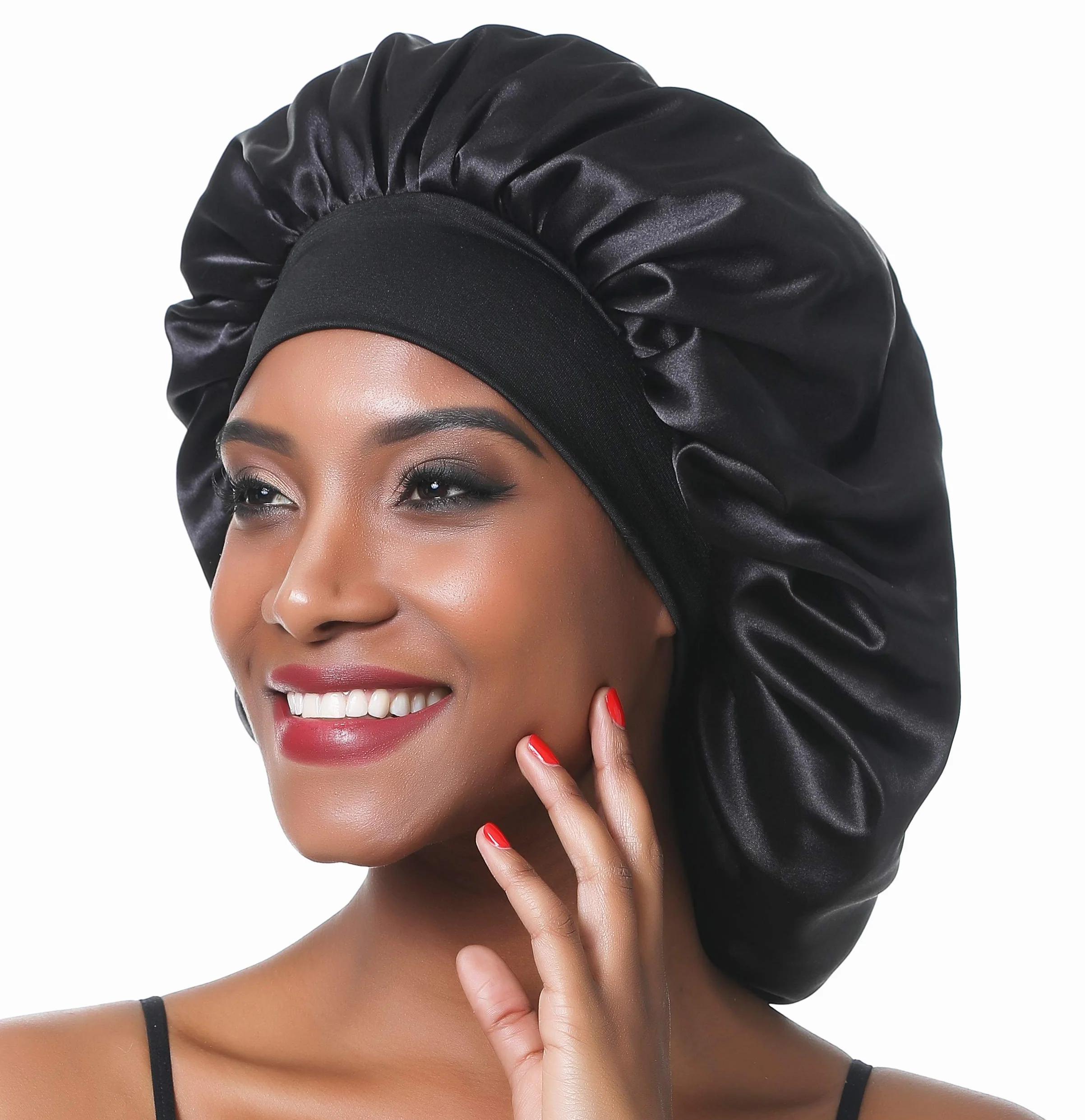 Bonnet de Nuit en Satin élastique à Large bande pour Femme Cheveux Longs Bouclés (L, Noir)
