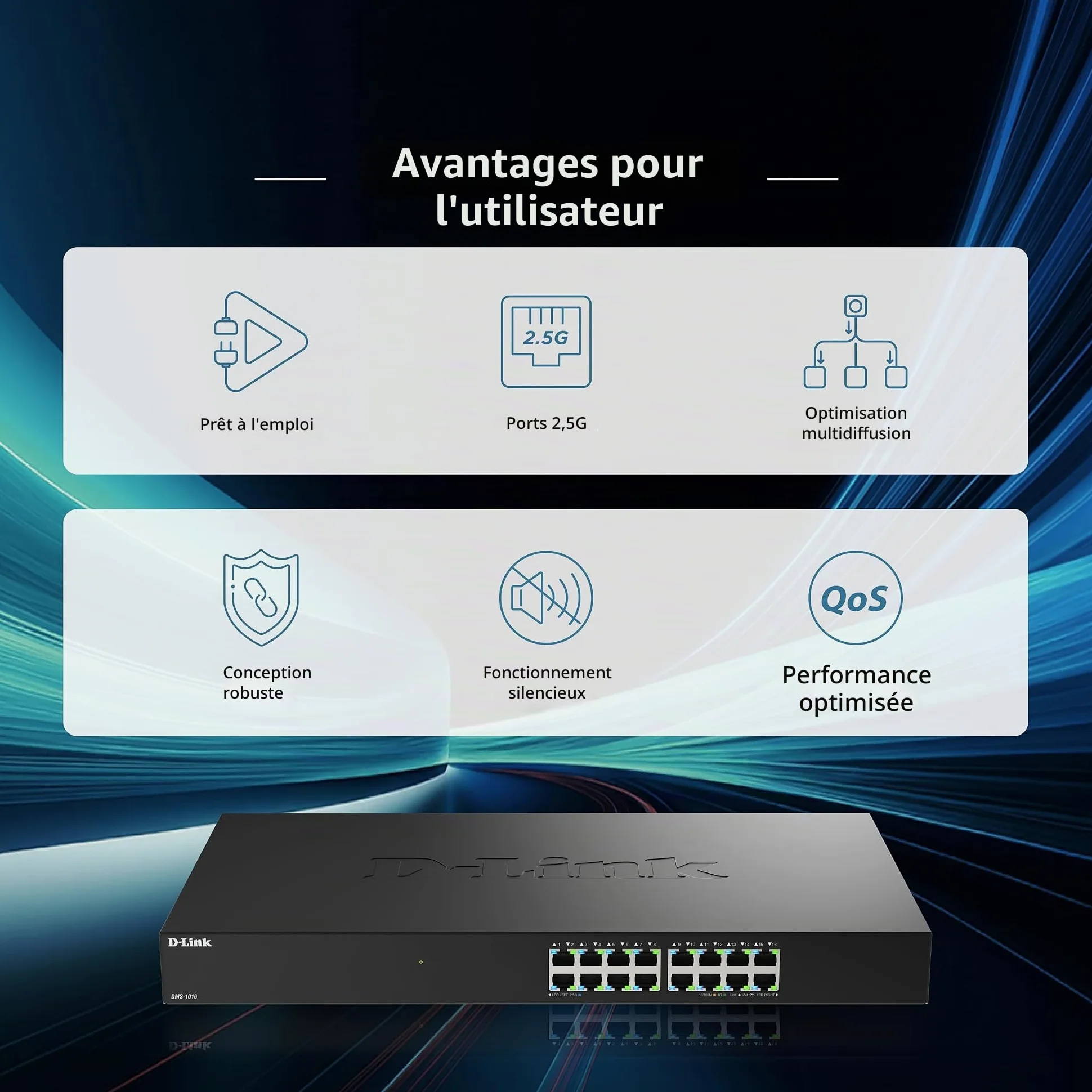 D-Link DMS-1016 Switch Ethernet Non Géré 16 Ports 2.5G | sans Ventilateur, Boîtier Métallique, Plug & Play, Écoénergétique | Idéal pour Soho, Wi-FI 6 / Wi-FI 7 et IPTV