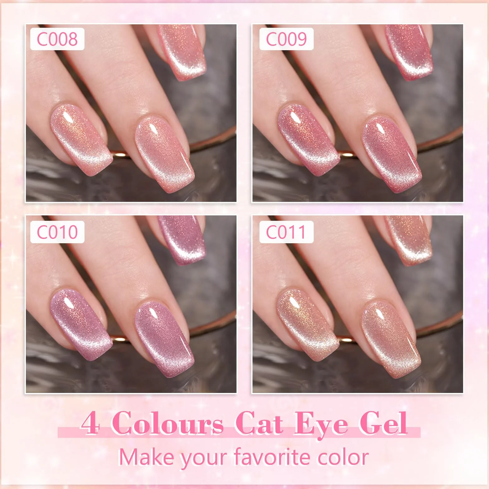 Shining She Vernis Semi Permanent Magnétique 4 Couleurs Nude Rose Or Rose Holographique Cat Eye 8ml