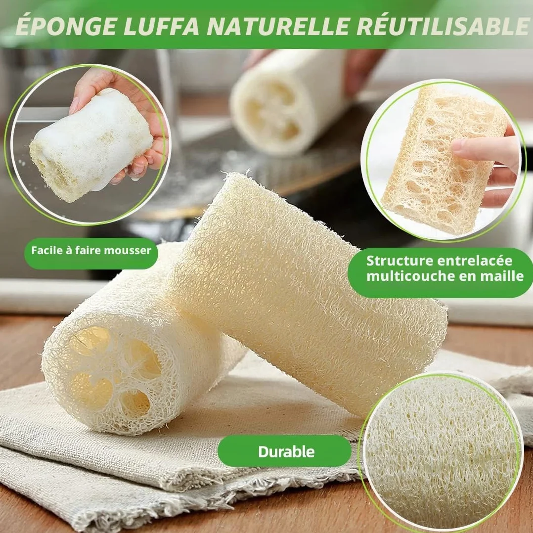 Éponge Luffa Naturelle, Éponge de Bain Exfoliante et Éponge Vaisselle Réutilisable - Lot de 6
