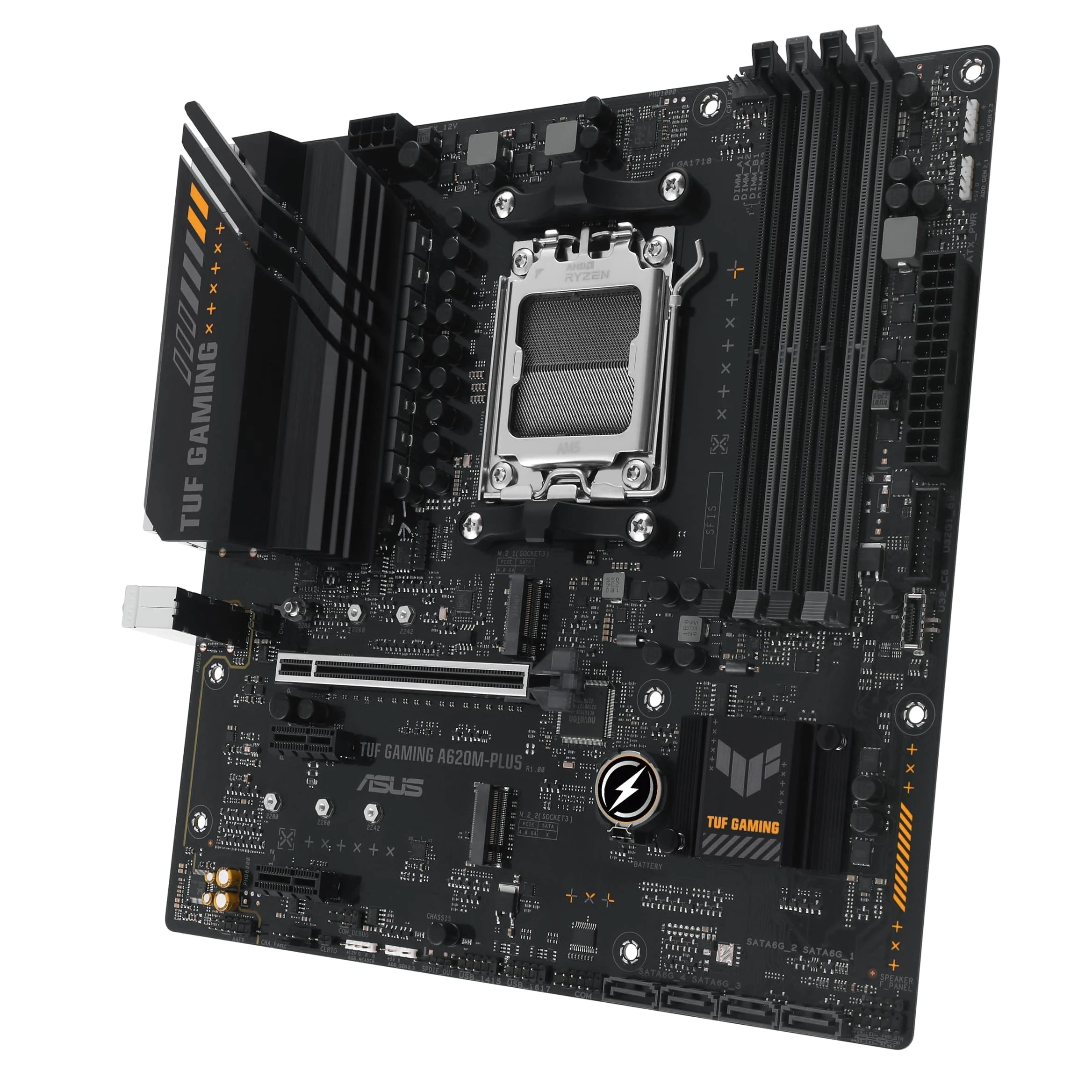 ASUS TUF GAMING A620M-PLUS – Carte mère AMD AM5 A620 microATX (DDR5, PCIe 4.0, 2 x M.2, Realtek 2.5Gb Ethernet, 2 x DisplayPort, HDMI, USB 3.2 Gen 1, SATA 6 Gbps, M.2 Q-Latch, Arua Sync RGB)