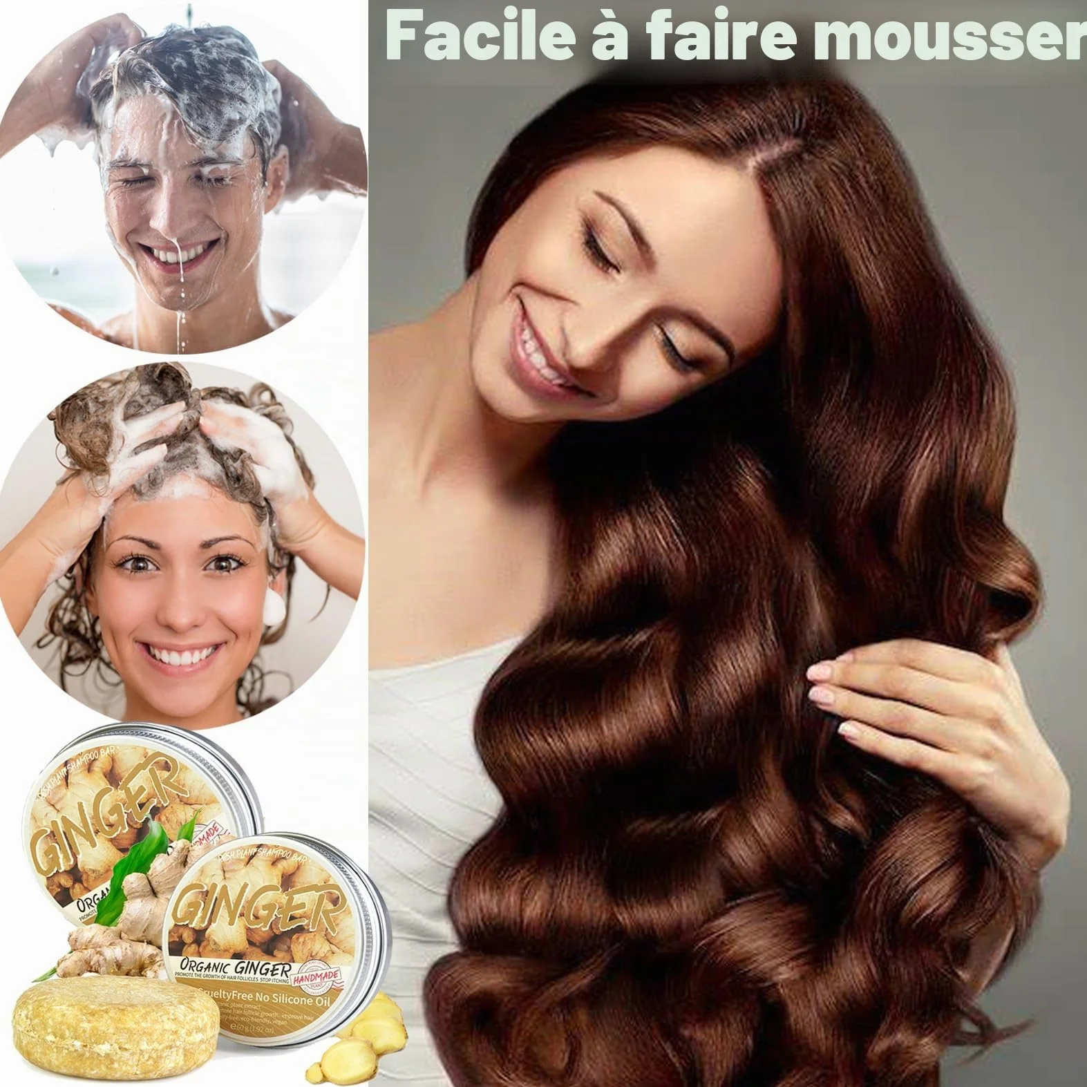 Barre de shampooing au gingembre bio anti-chute cheveux savon plantes naturelles