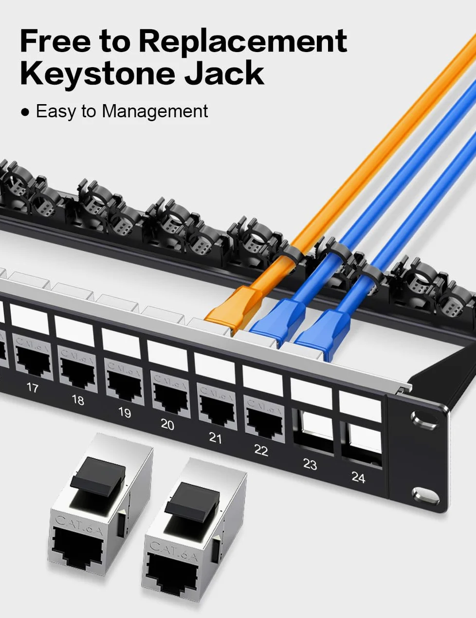 Panneau de brassage 24 ports Cat6A Keystone Panneau de brassage réseau avec câble intelligent (pas d'attache de câble nécessaire) Gestion pour montage en rack de 48,3 cm (blindé)