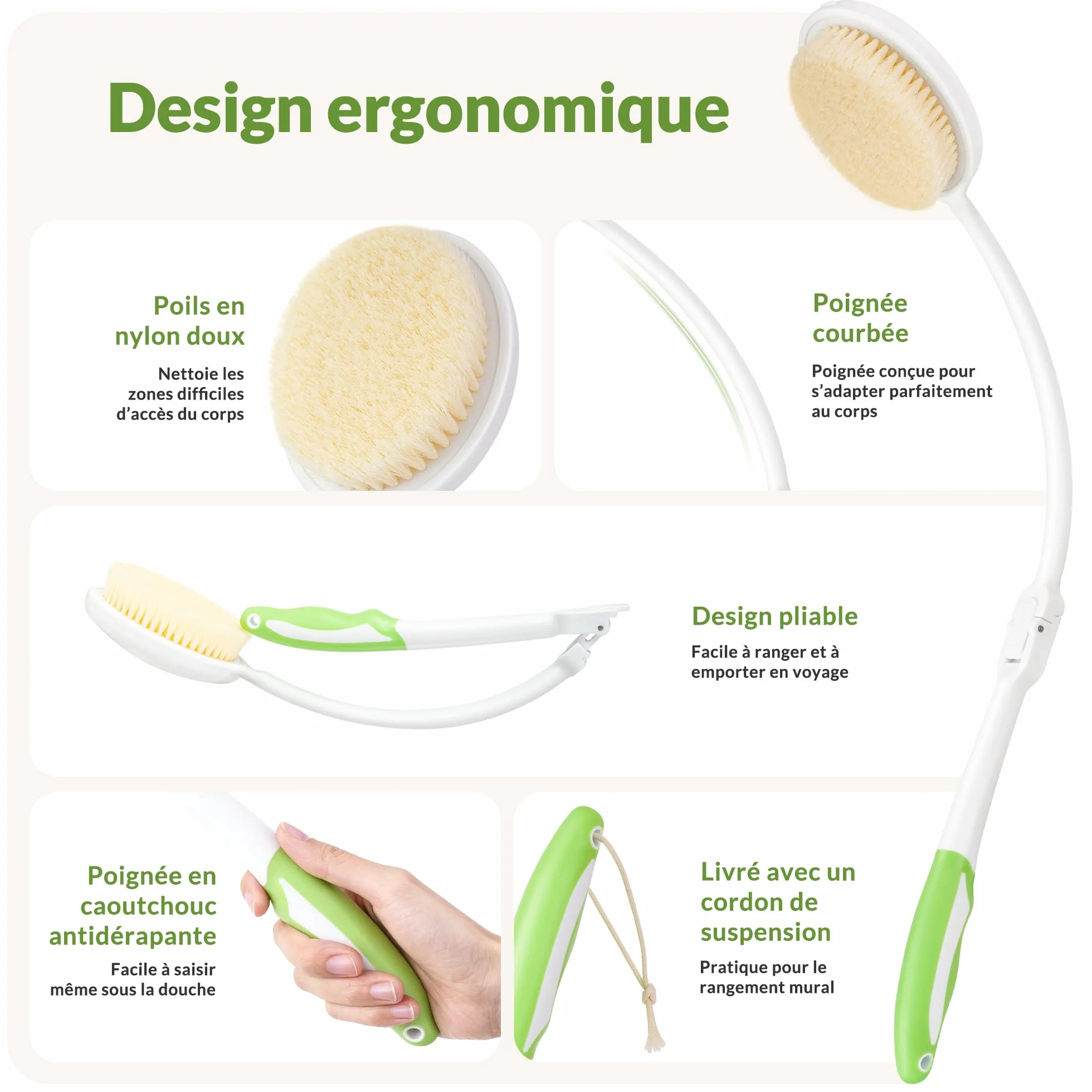 Brosse Dos Douche Pliable Long Manche – Brosse Douche Dos Poils Souples Serviette Incluse Ergonomique Nettoyage Corps Entier